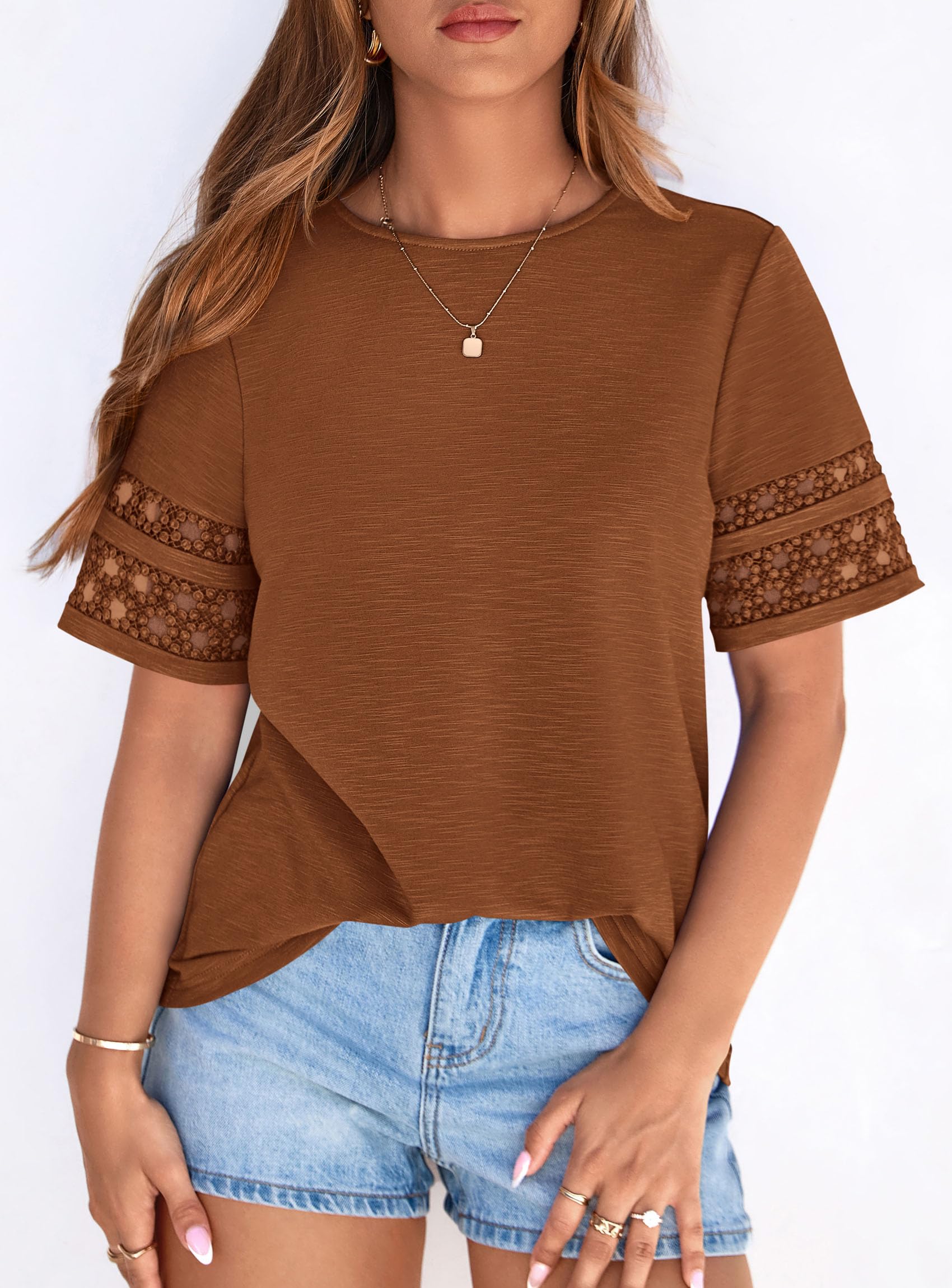Women's Summer Short Sleeve Lace Trim T-Shirts,Caramel,S