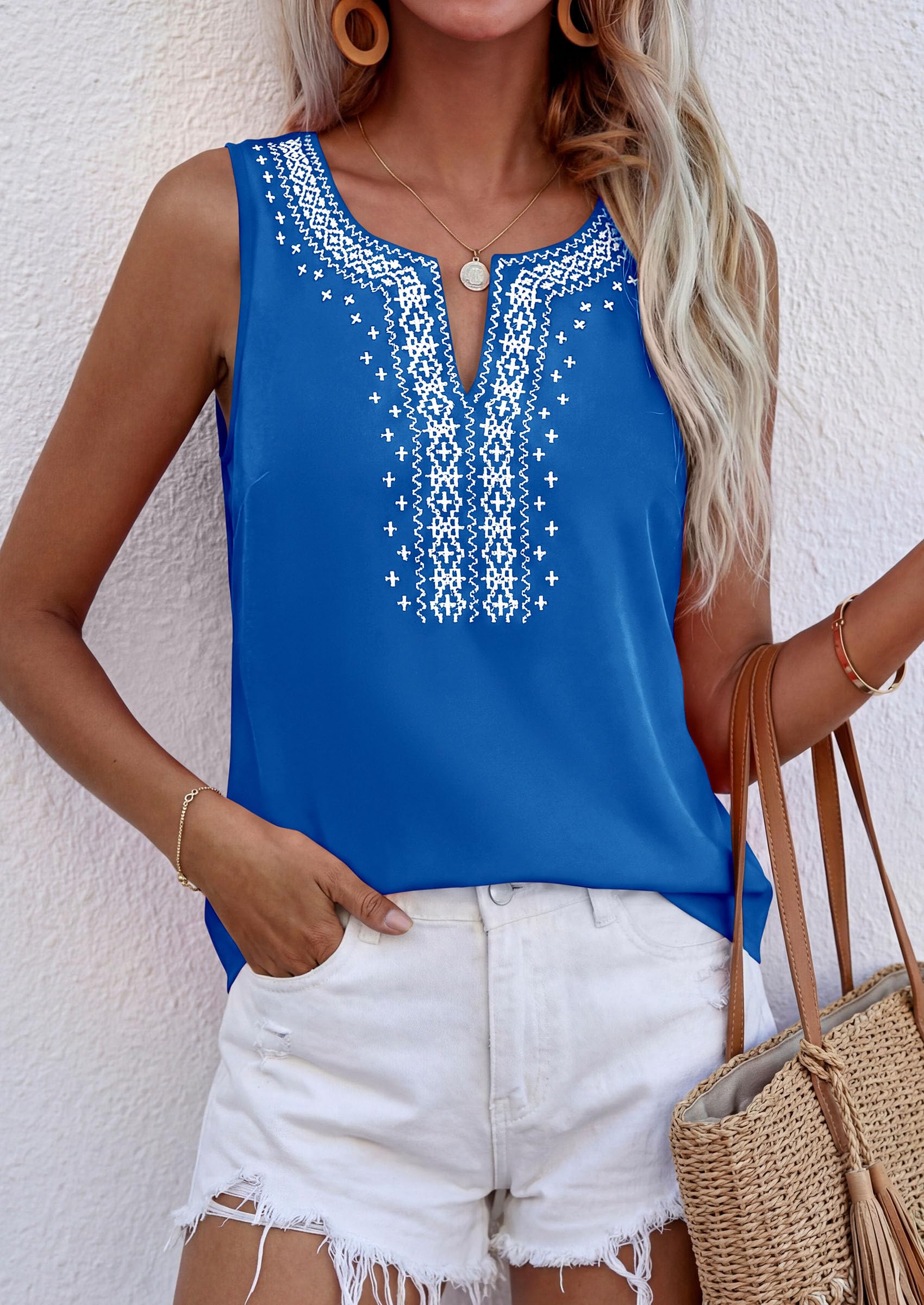Womens Embroidered Sleeveless Tank Tops Blue,S