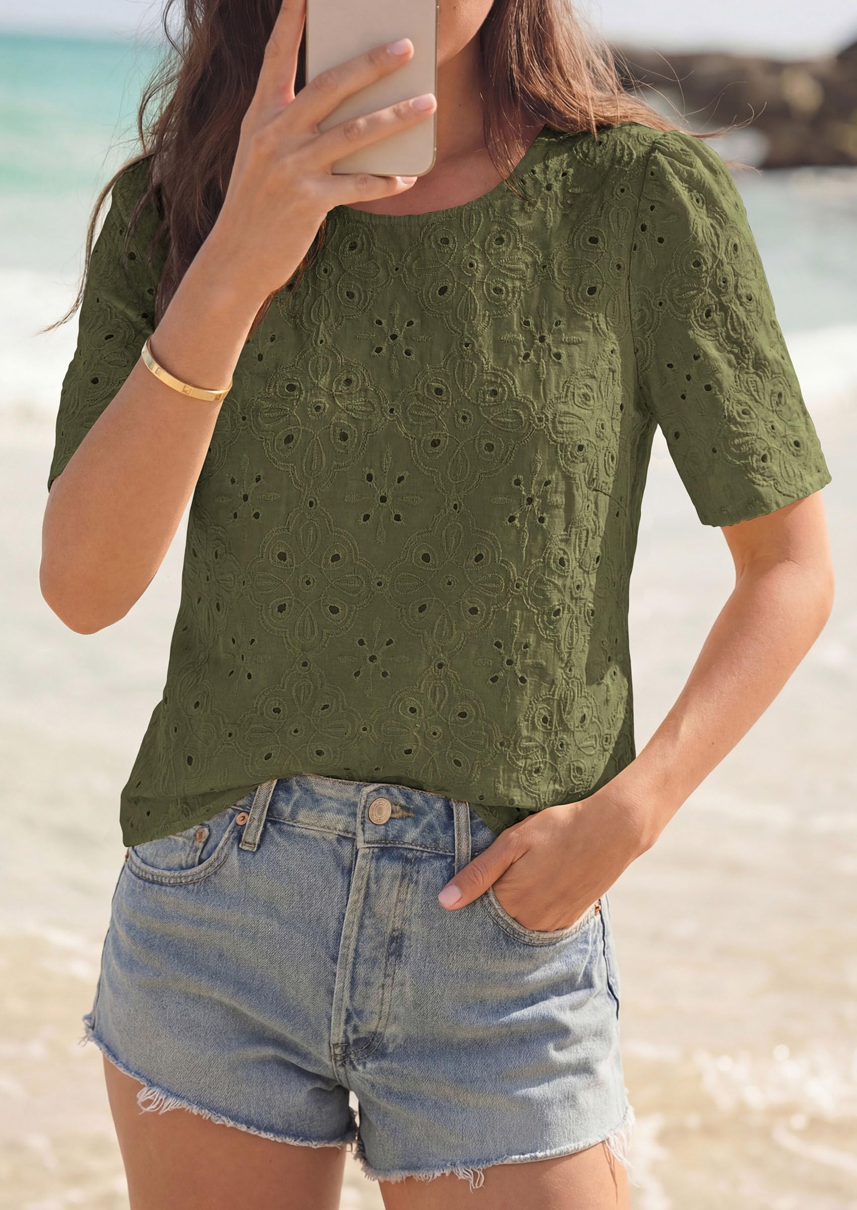 Women's Embroidered Eyelet Short Sleeve Blouse, Army Green,XS
