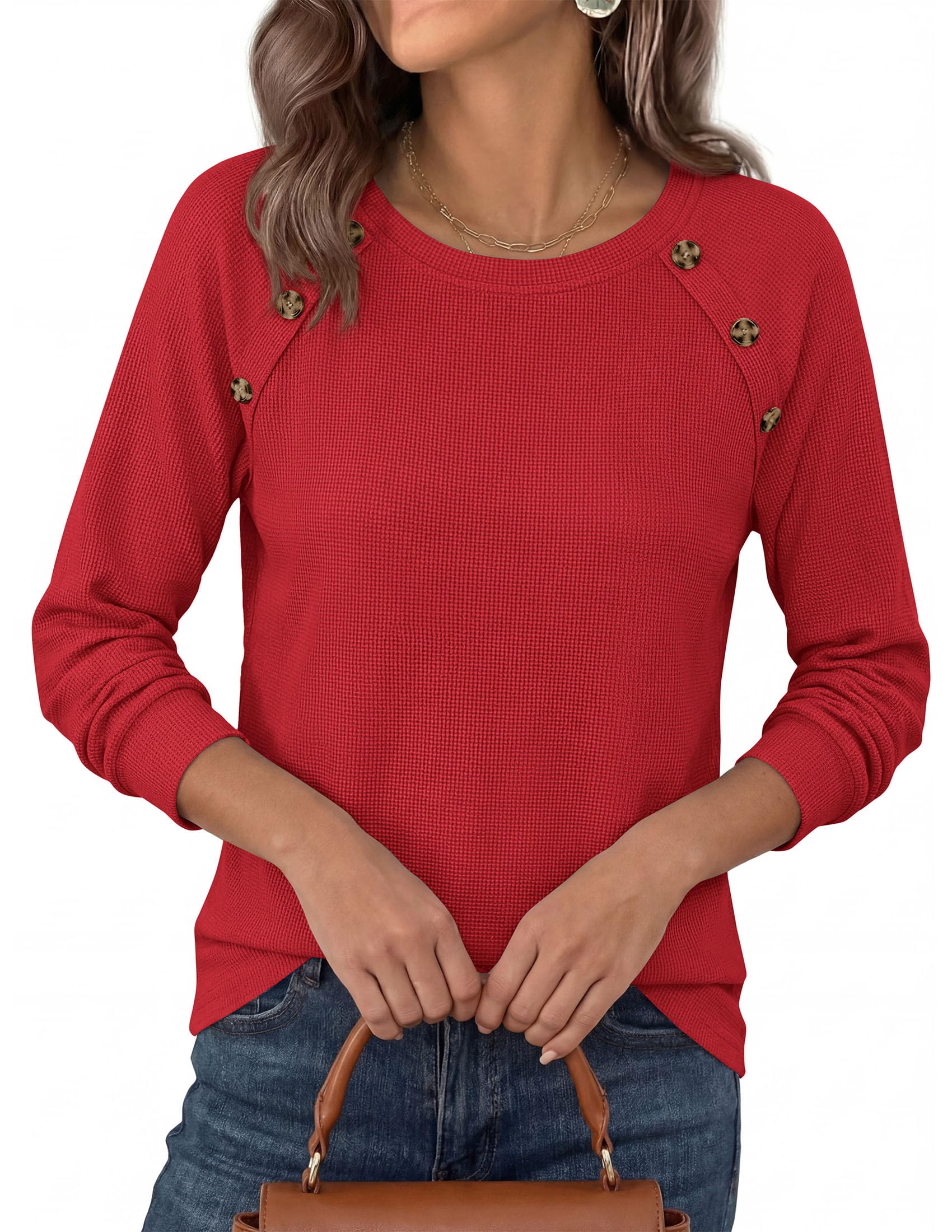 Fall Long Sleeve Waffle Knit Shirts for Women Loose Tunic Tops