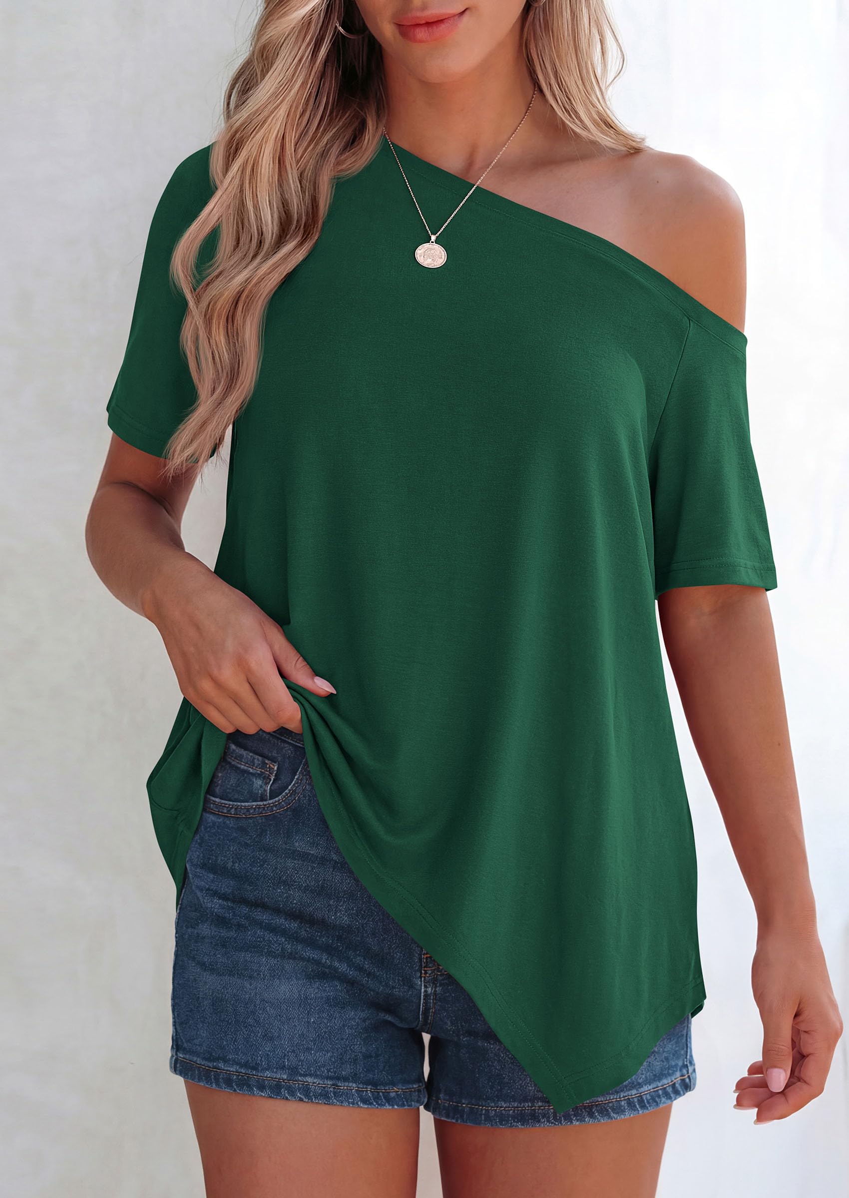 Off Shoulder Tops for Women Oversized Tshirts, Dark Green,S