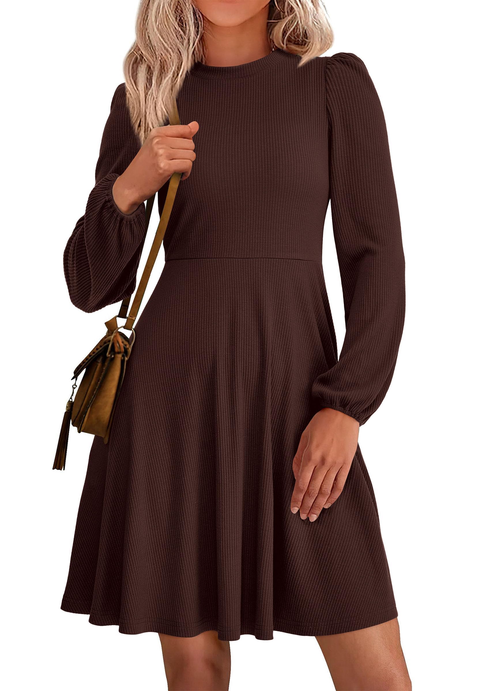 Womens A Line Long Sleeve Mini Dress,Brown,S