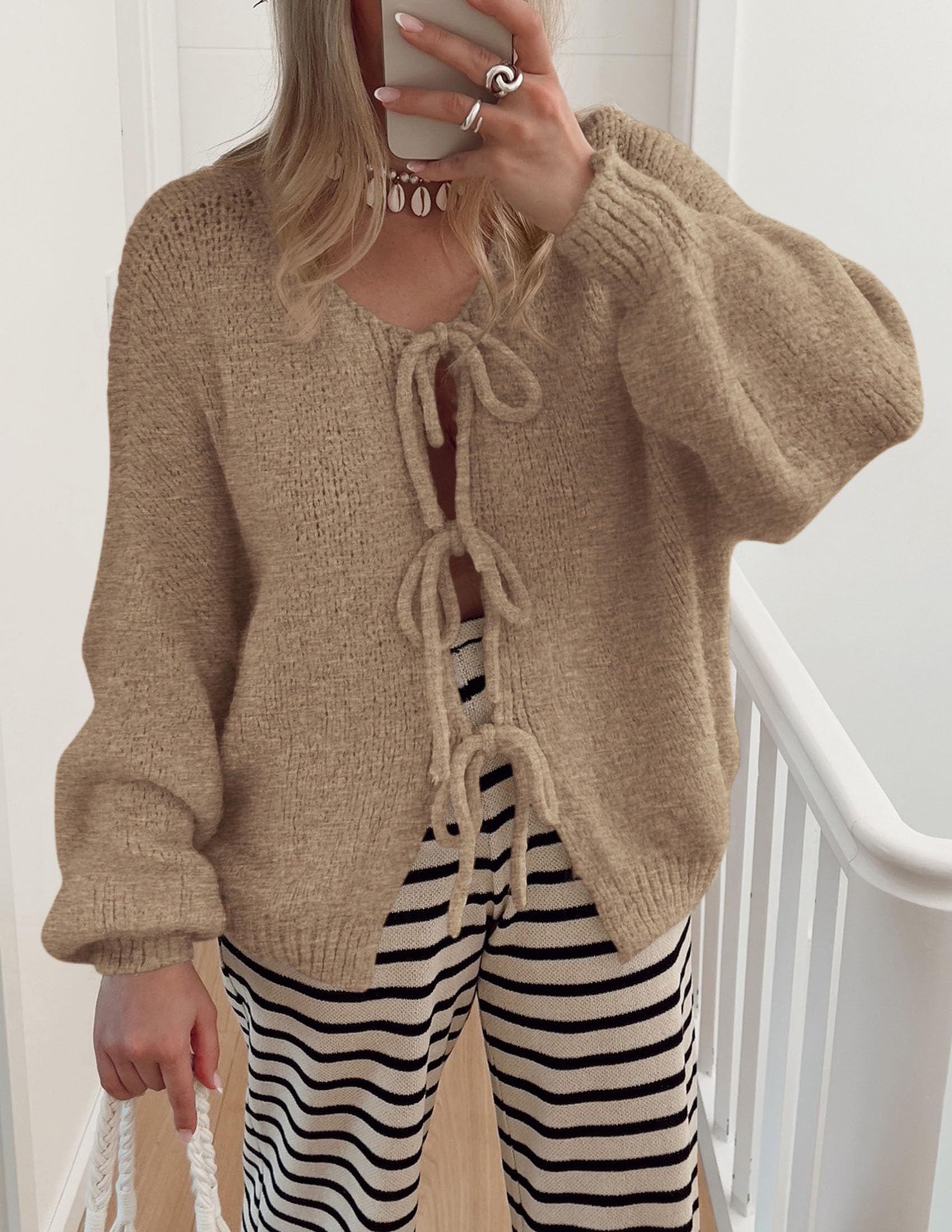 Women's Tie Front Bow Cardigan Sweaters(Light Khaki,Small)