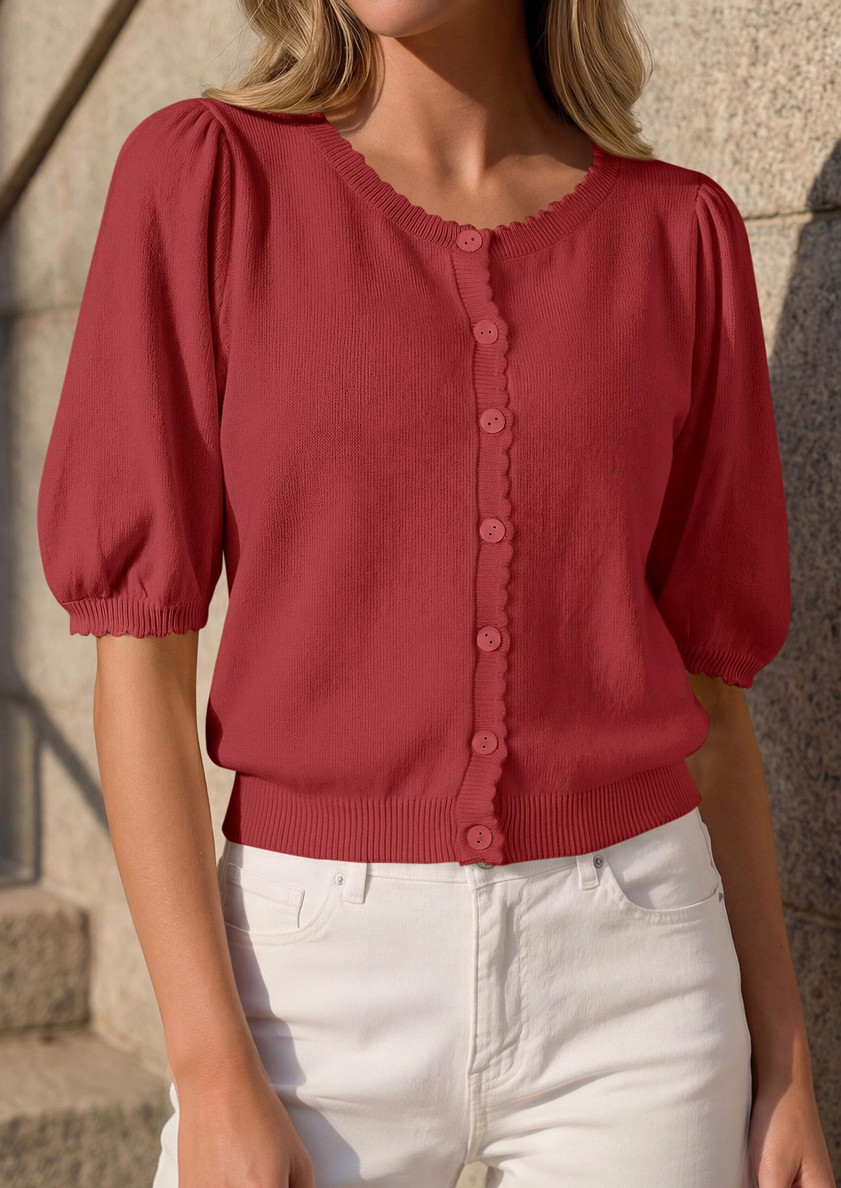 Women Short Sleeve Lightweight Knit Cardigans, Rust,S