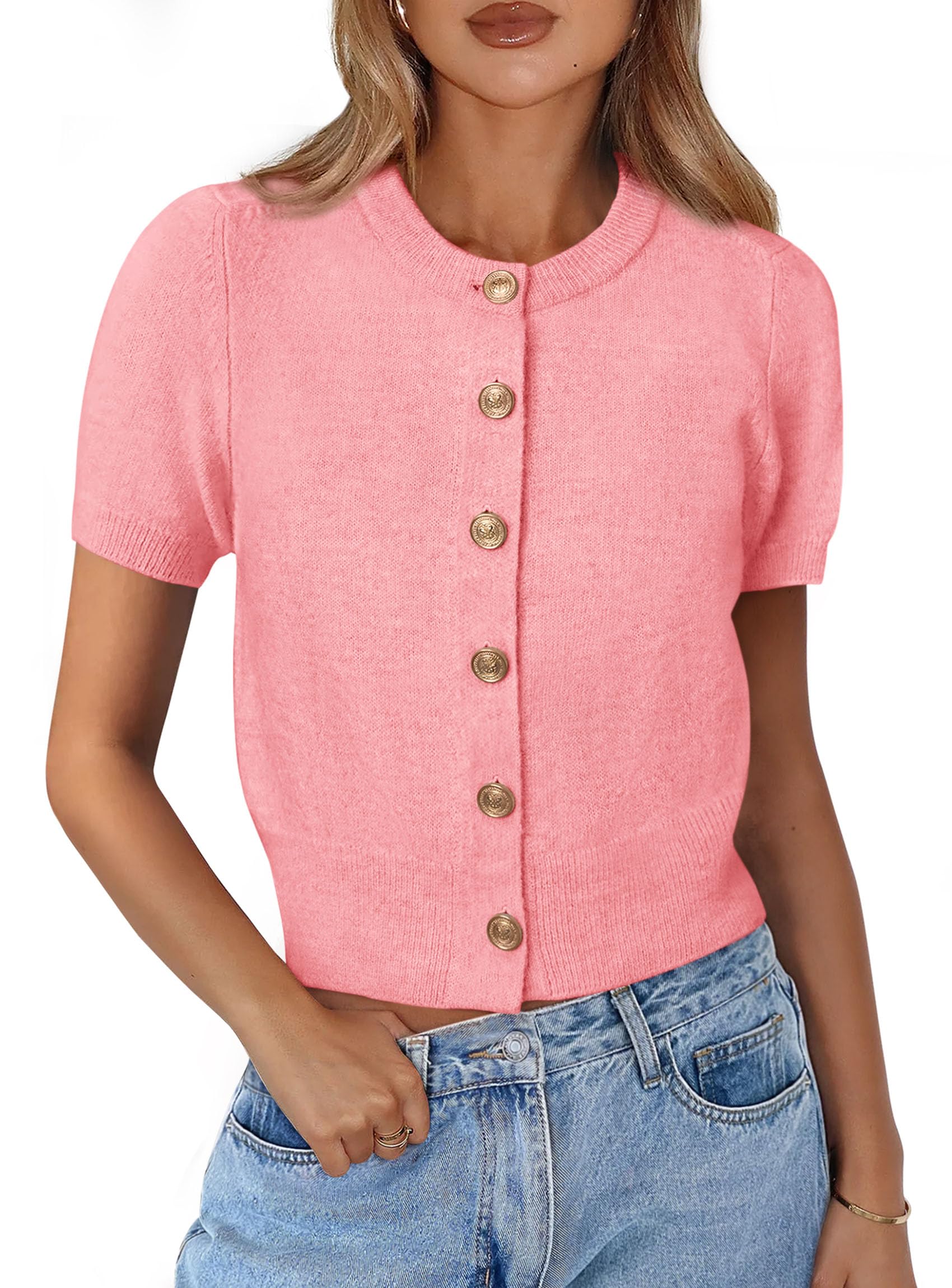 Womens Summer Cardigan Short Sleeve Sweater,Pink,S