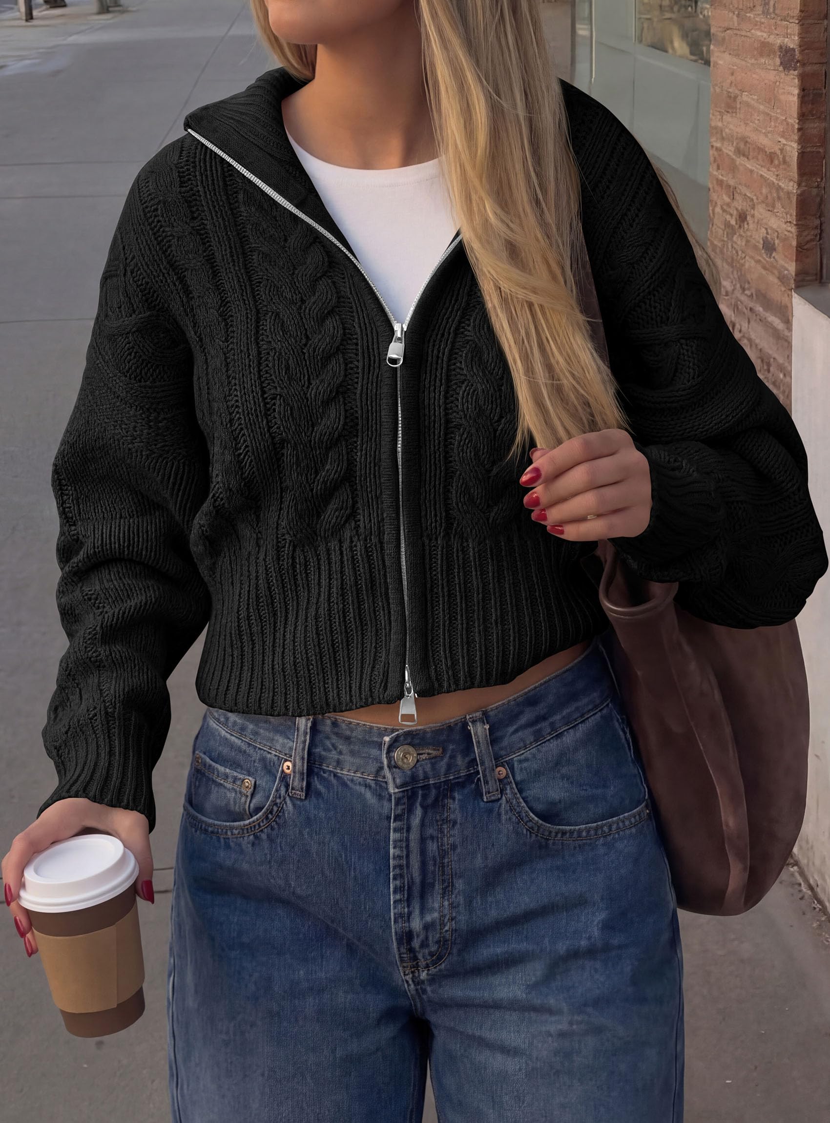Women's Zip Up Cardigan Sweaters Cropped Jackets Fall Outfits