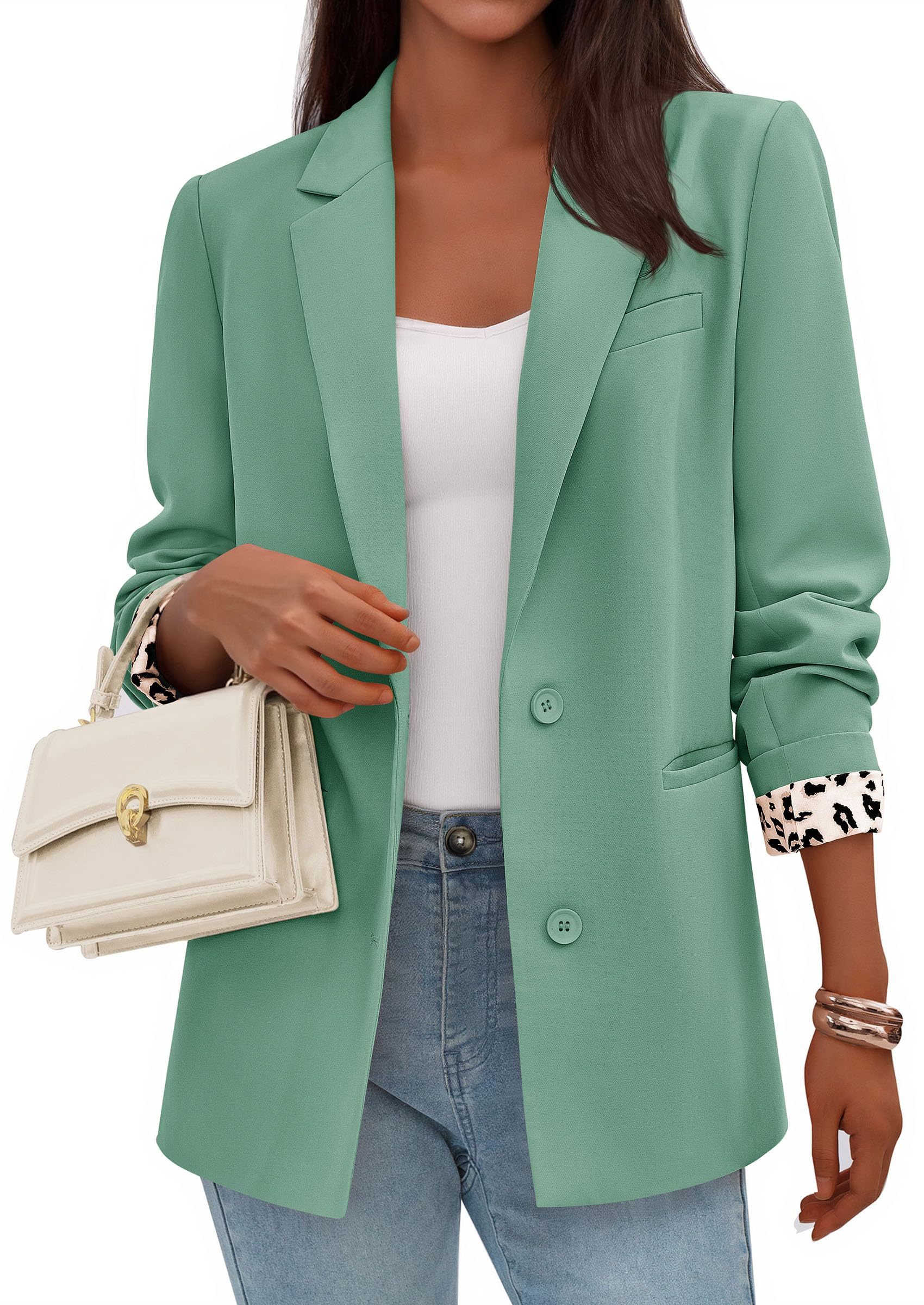 Womens Open Front Leopard Blazers Suit Jackets,Light Green,S