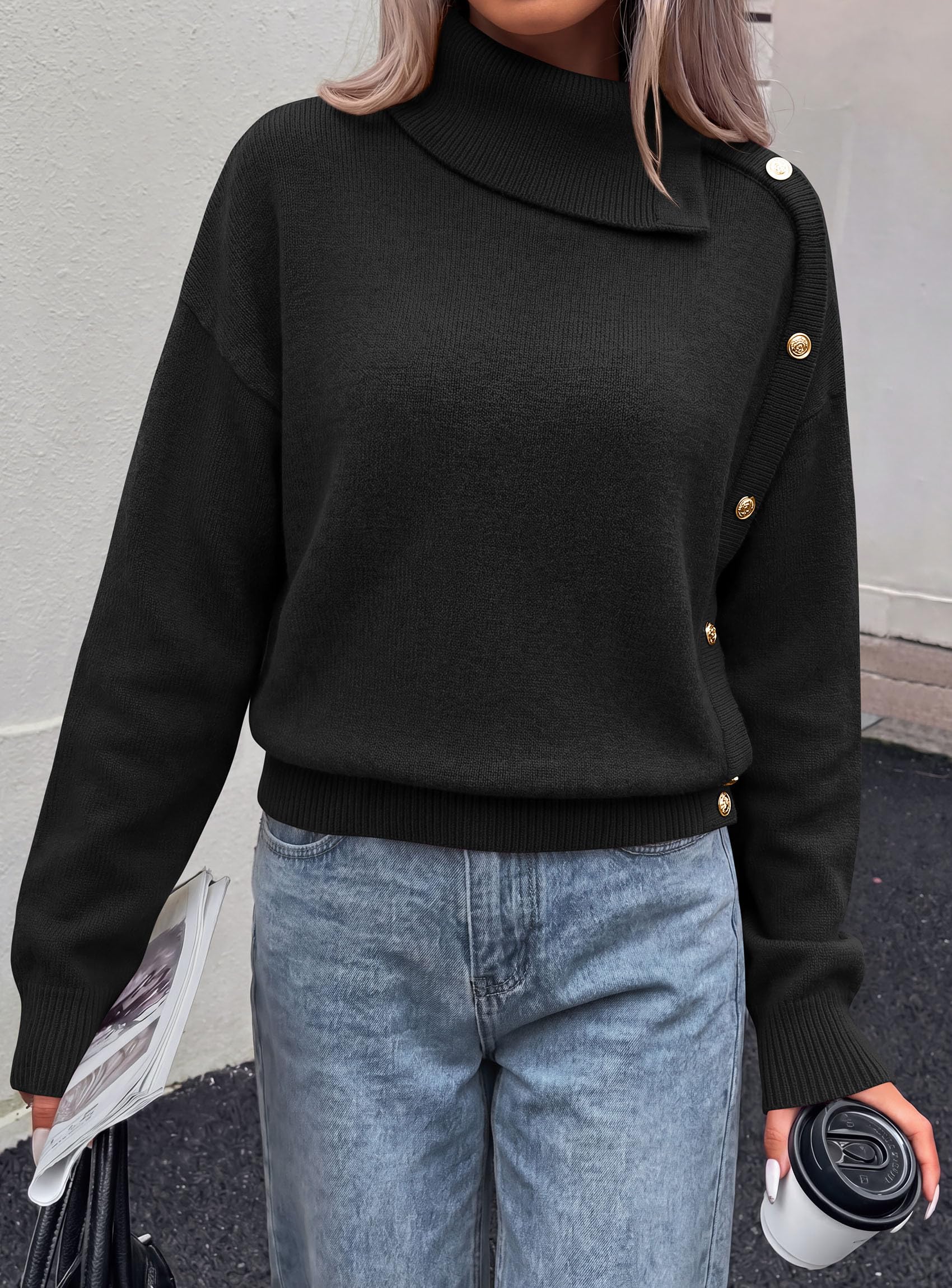 Womens Turtleneck Sweater Pullover Side Button Fall Clothes