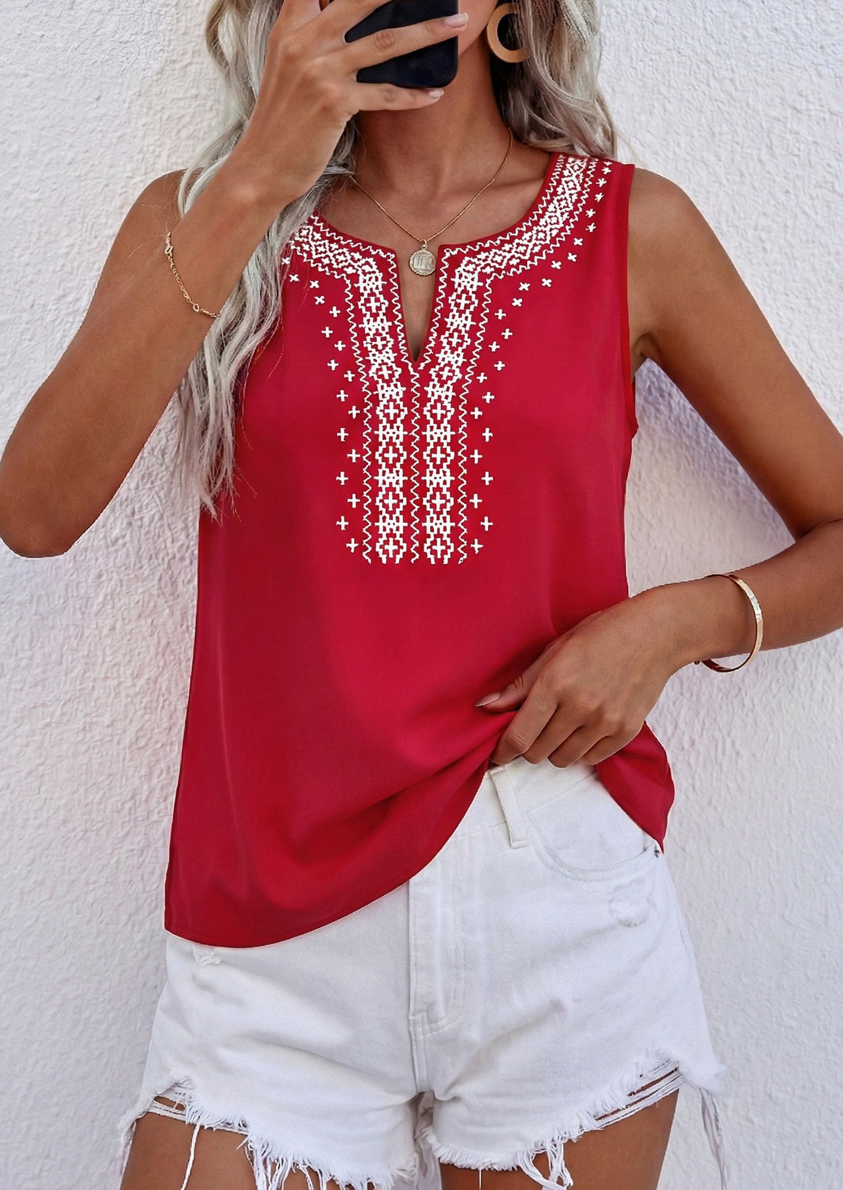 Womens Embroidered Sleeveless Tank Tops Red,S