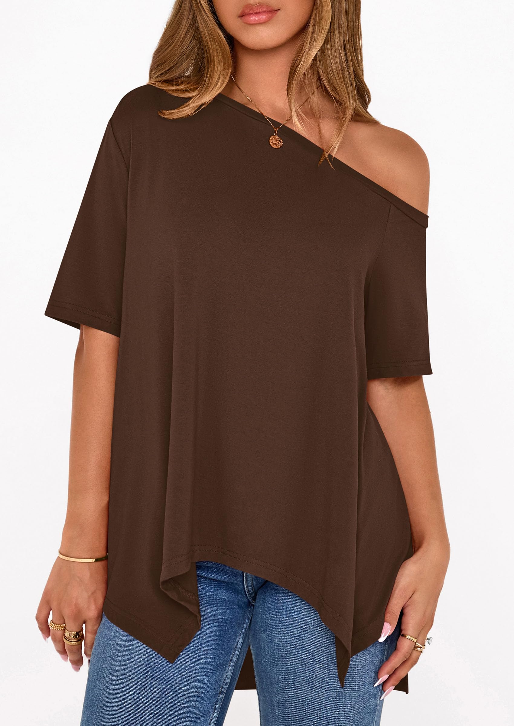 Off Shoulder Tops for Women Oversized Tshirts, Brown,S