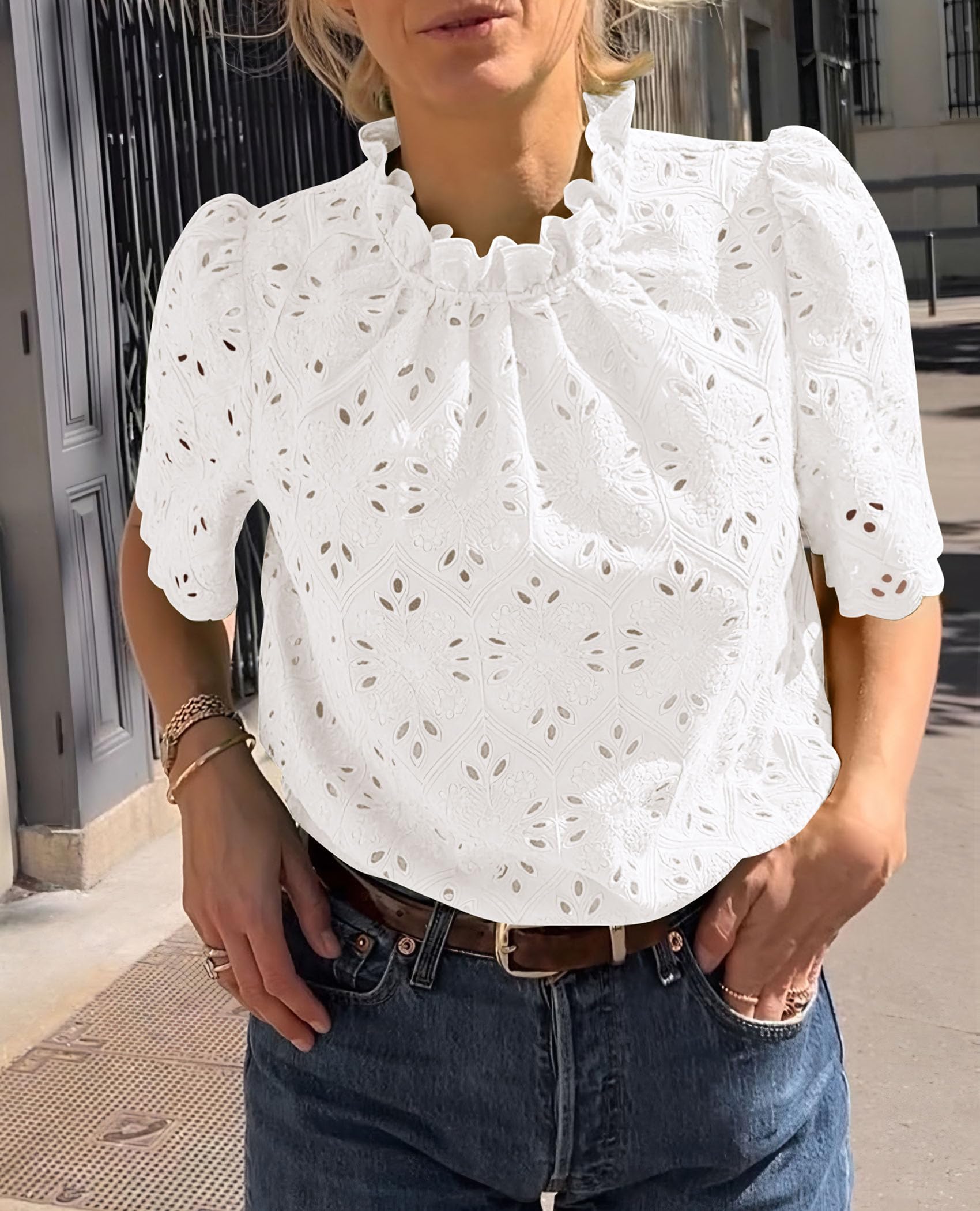 Women Summer Tops Eyelet Embroidered Shirts,White,XS
