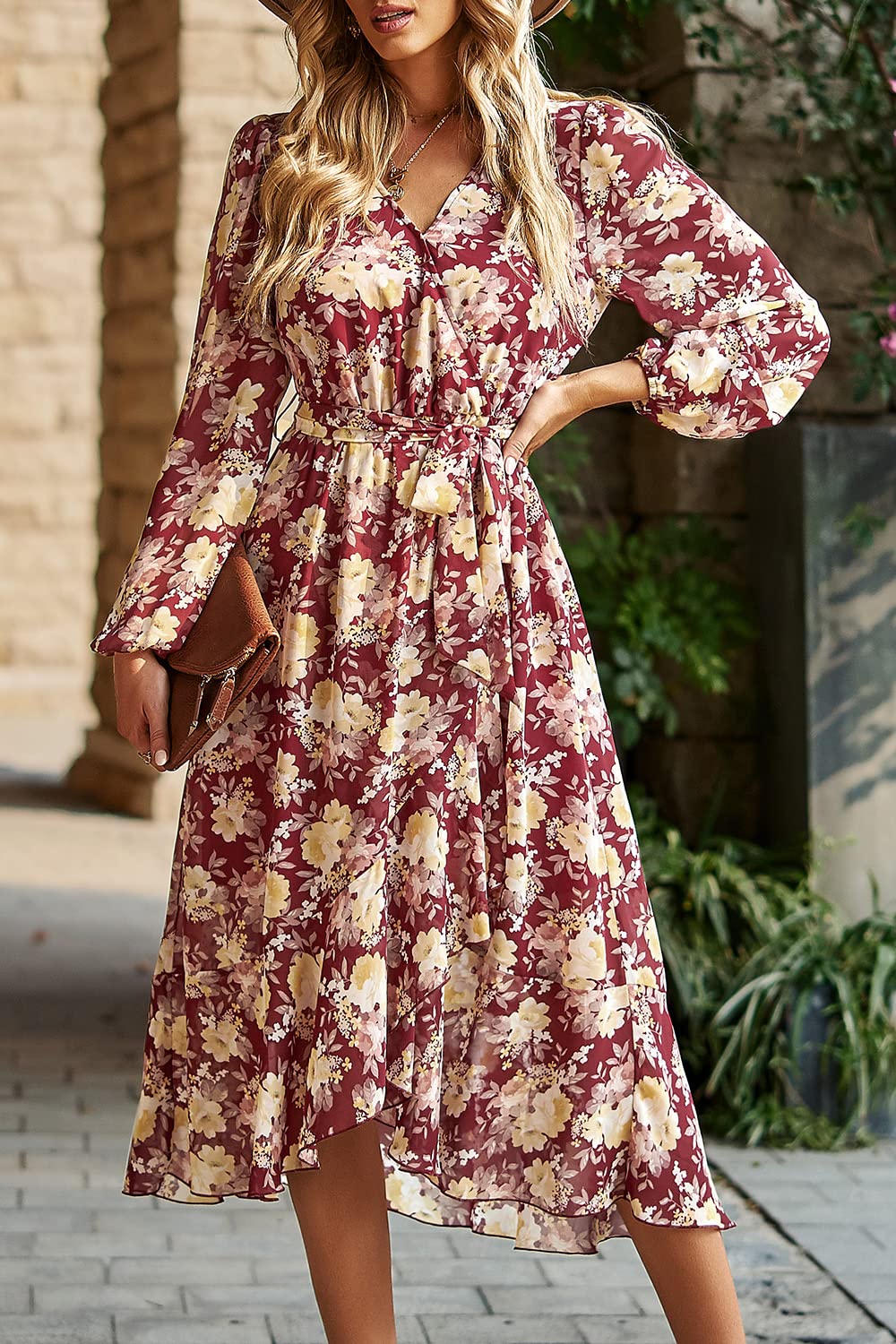 Women's Floral Boho Long Sleeve Maxi Dress, Floral Wine Red,S