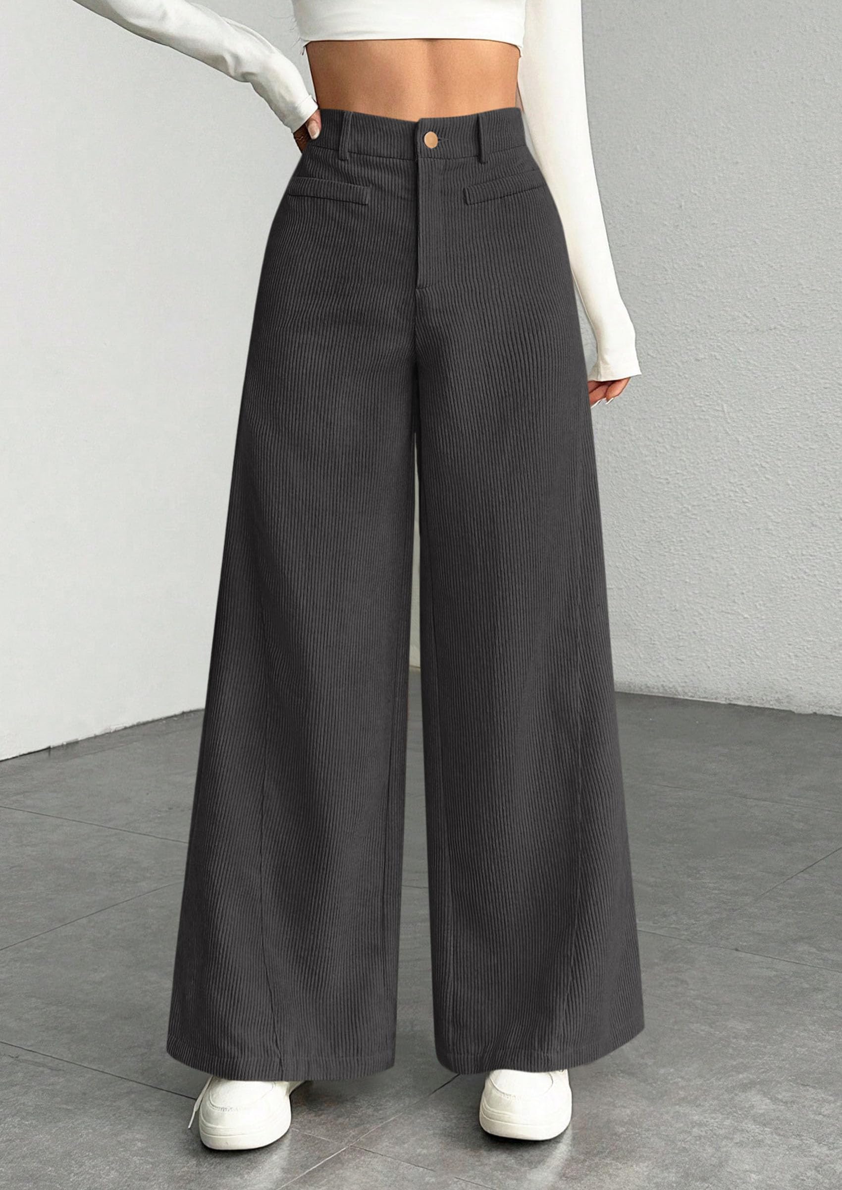 Women's High Waisted Corduroy Pants Casual,Dark Grey,S