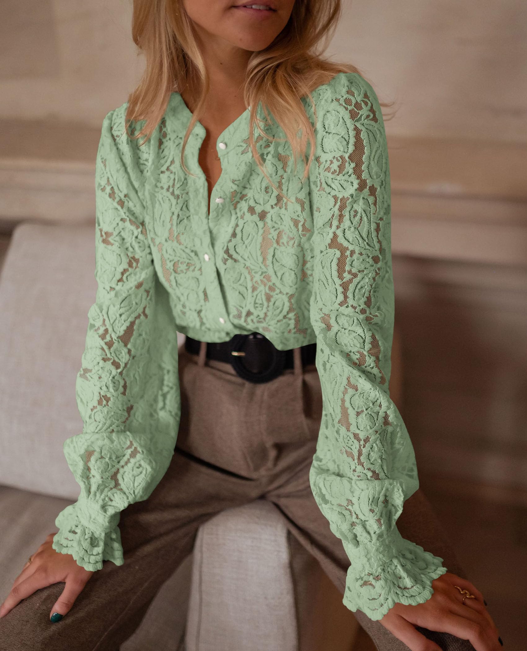 Women's Fall Trendy Long Sleeve Lace Tops(Dusty Green,Small)
