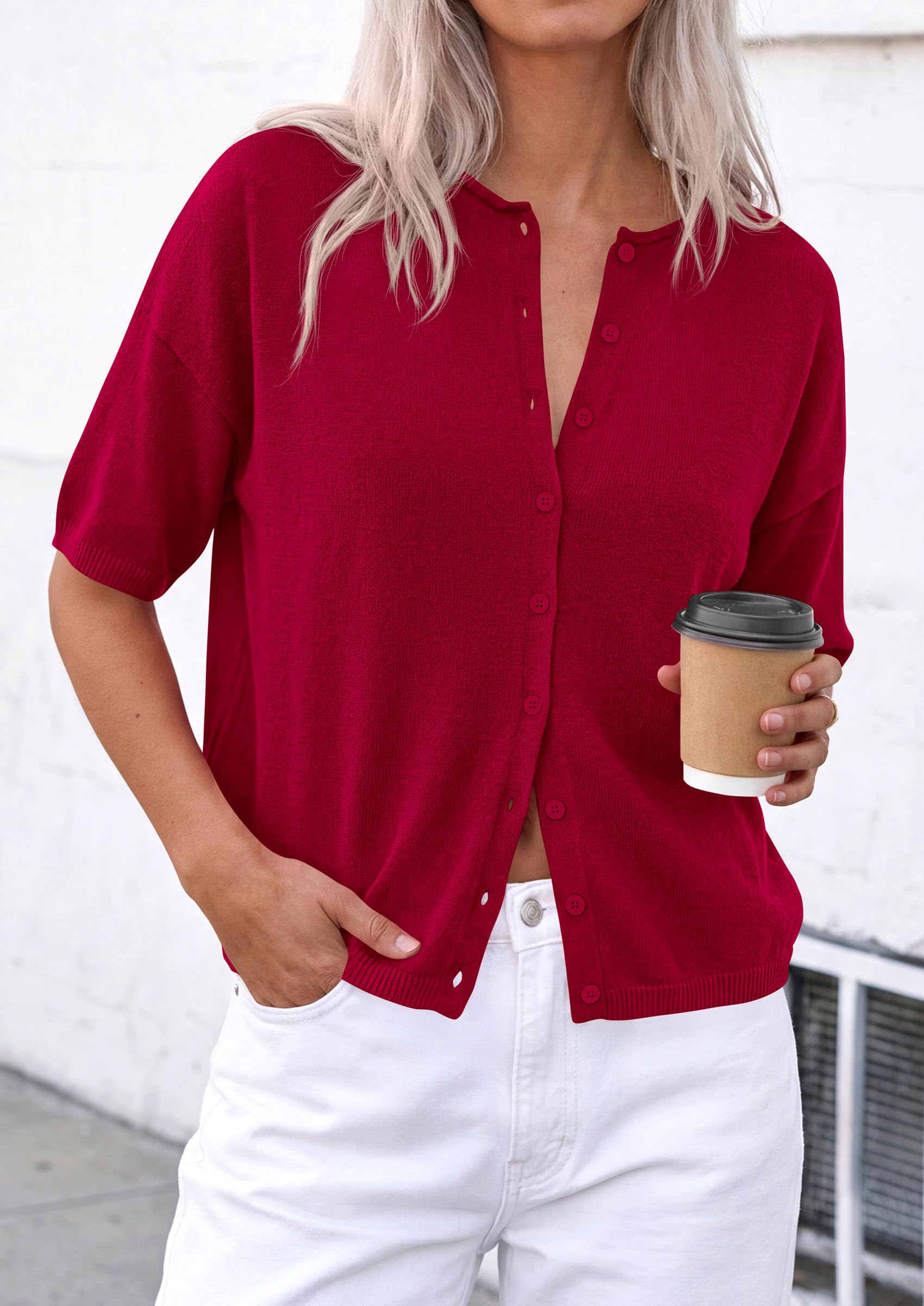 Women's Short Sleeve Cardigan Sweaters (Red,Large)