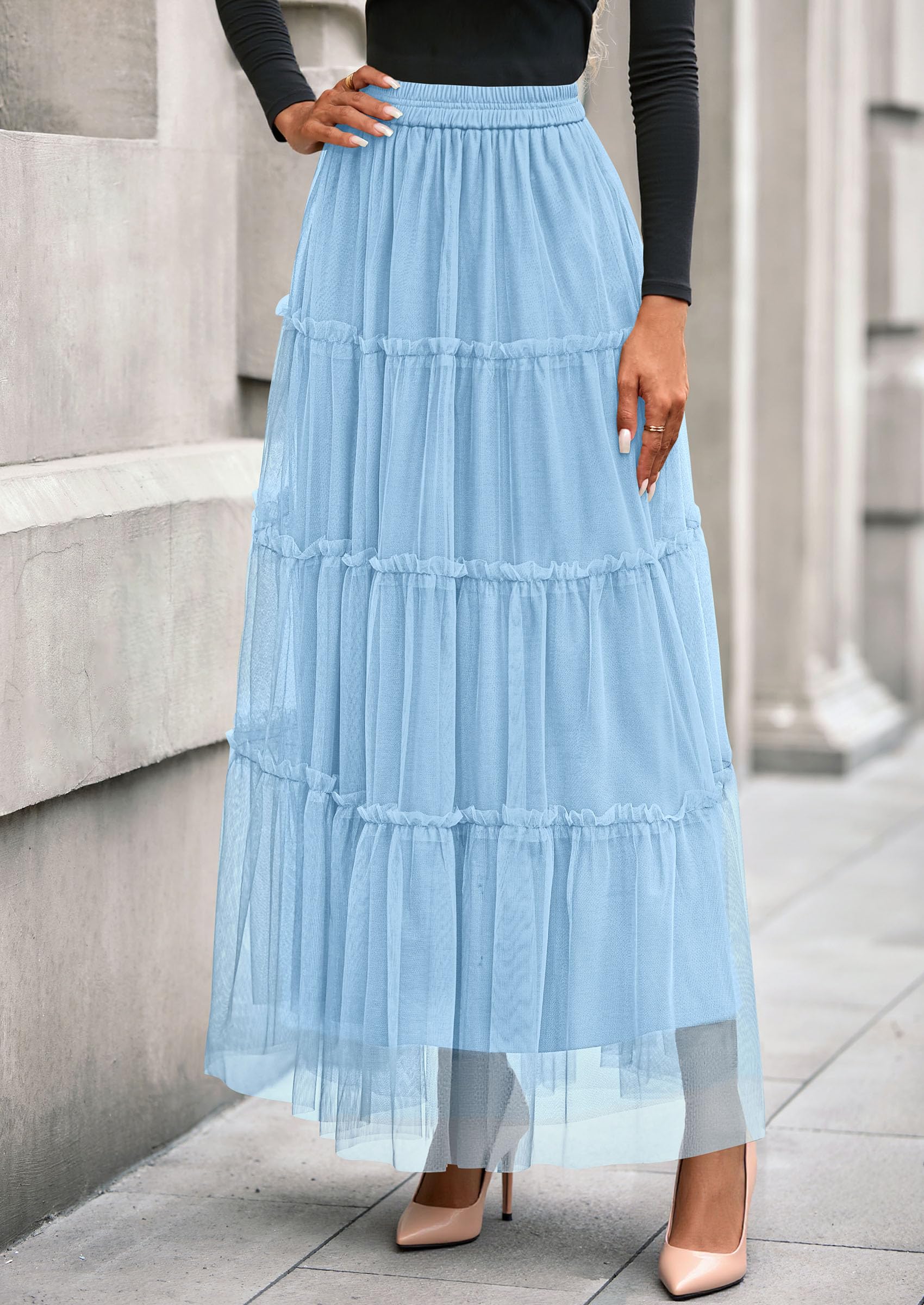 Women's Fall Soft Tulle Tiered Long Skirt,Light Blue,S
