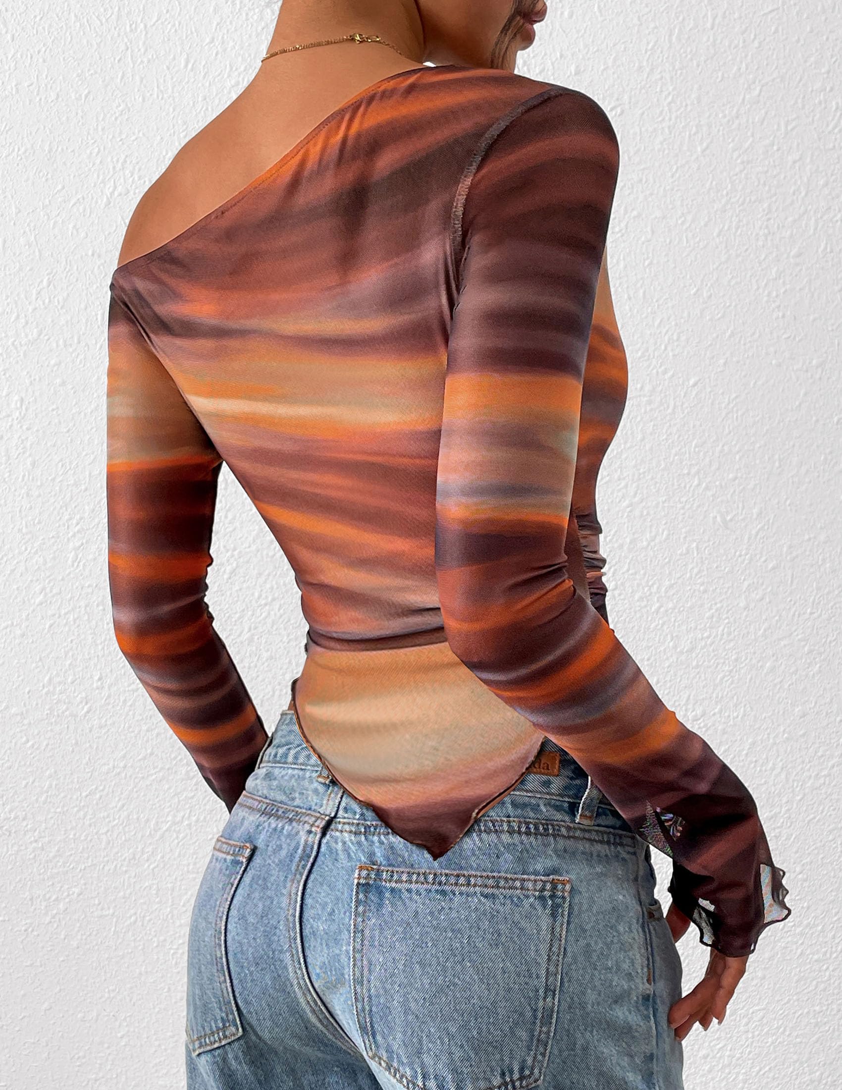 Womens Off Shoulder Mesh Y2k Tops,Floral Brown,M