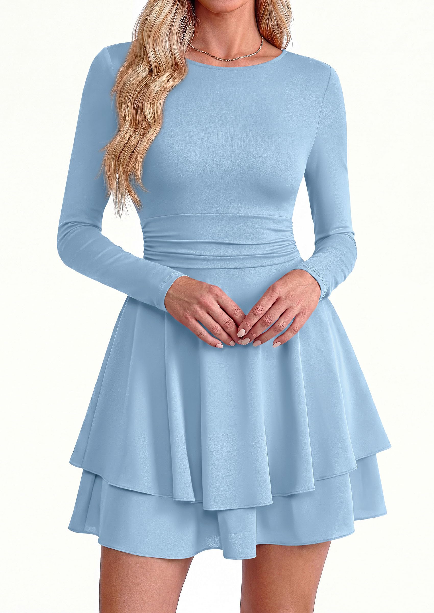 Womens Fit and Flare Crewneck Long Sleeve Mini Dress