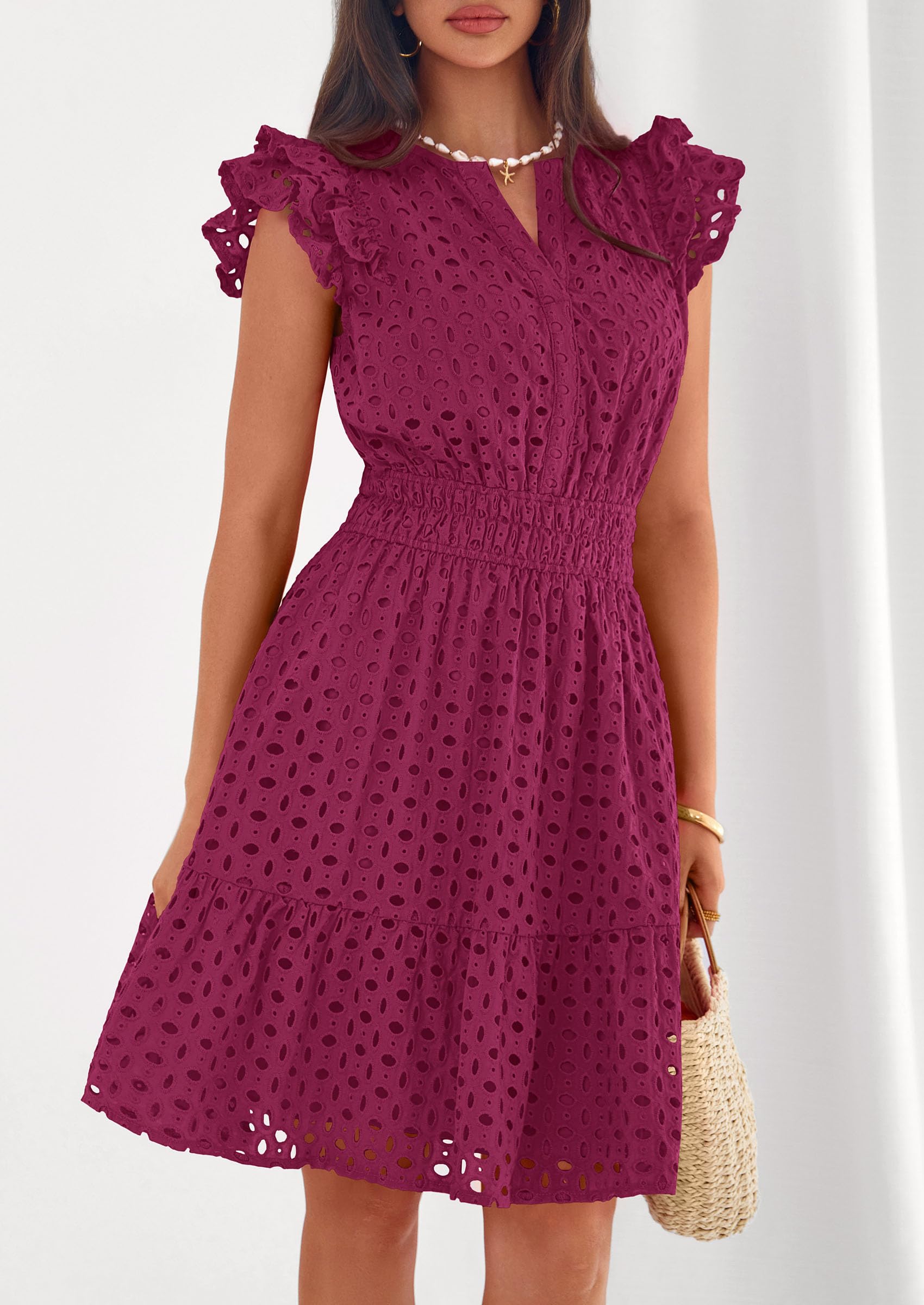 Women's Summer V Neck Eyelet Short Dress (Burgundy,Small)