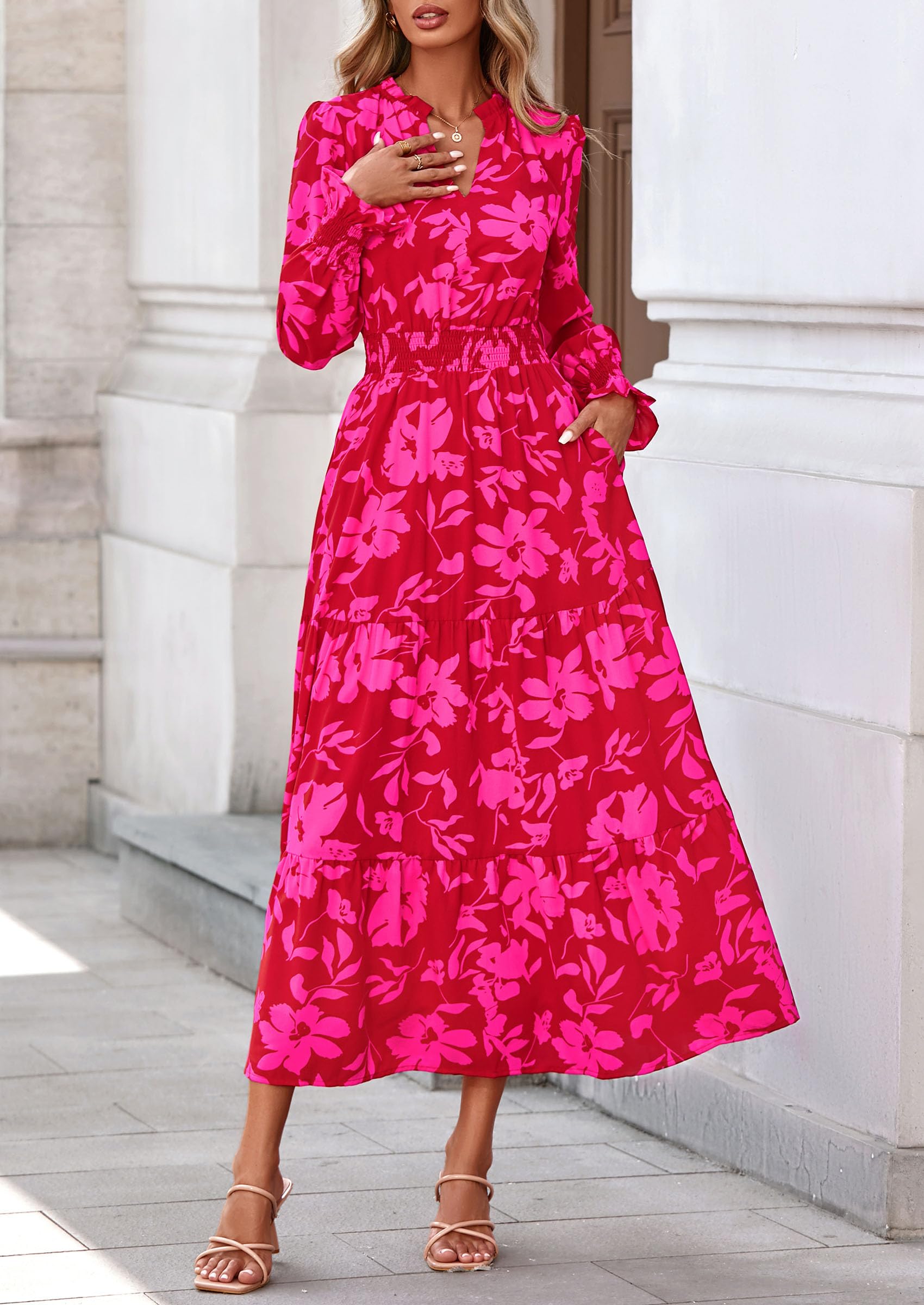 Women's Floral Maxi Dress Fall A Line Wedding Guest Dresses