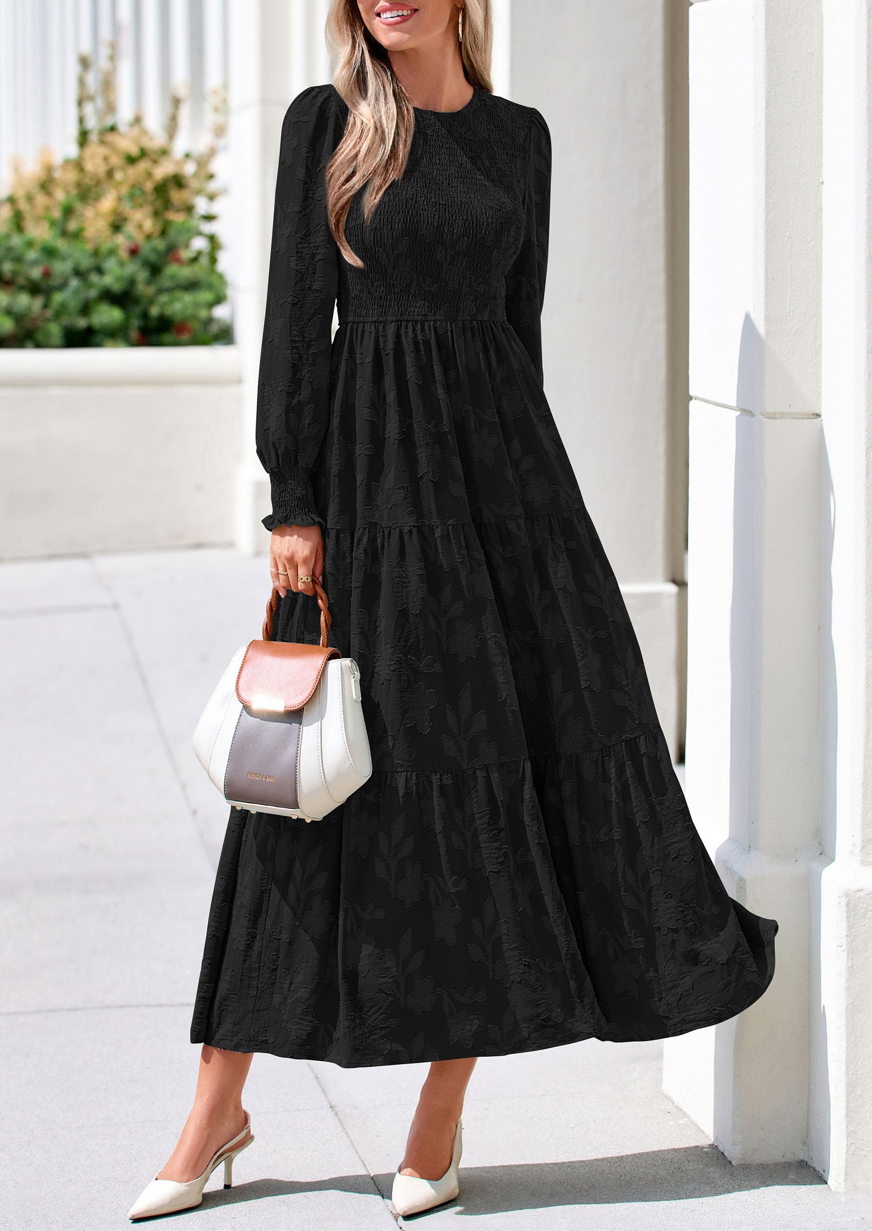 Fall Floral Long Sleeve Wedding Guest Dress for Women Pockets