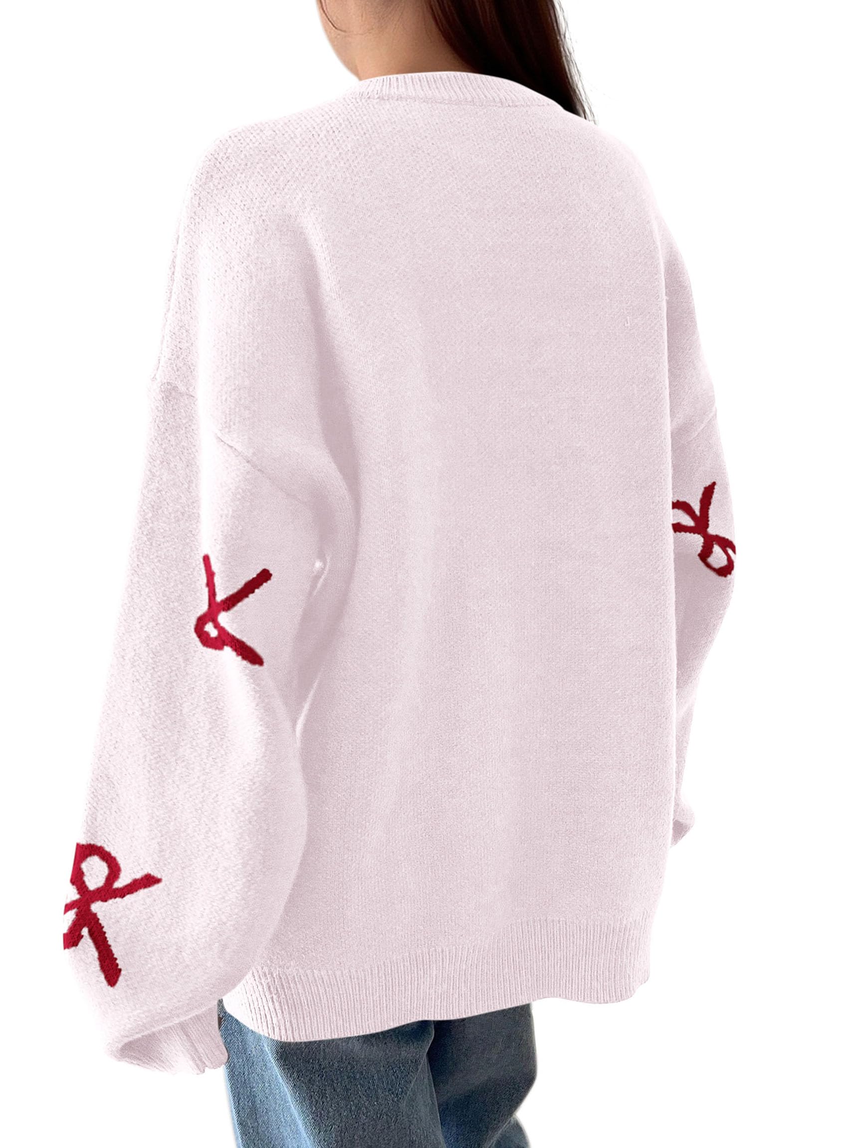 Fall Long Sleeve Pullover Sweaters for Women 2026 Trendy Crewneck Casual Cute Bow Chunky Knit Oversized Sweater (White,Small)