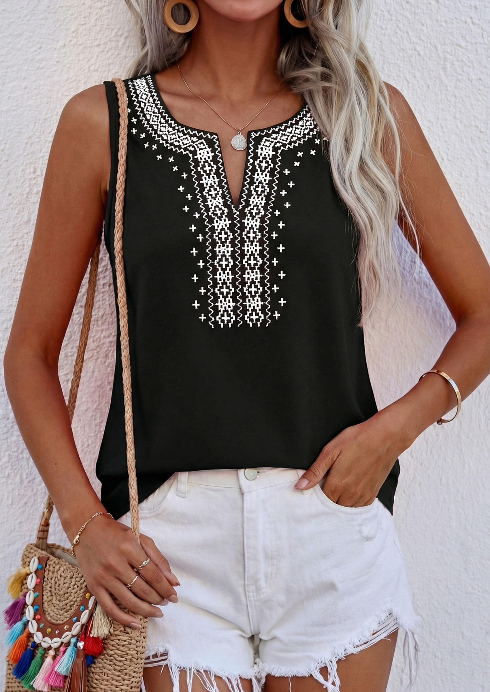 Womens Embroidered Sleeveless Tank Tops Black,S