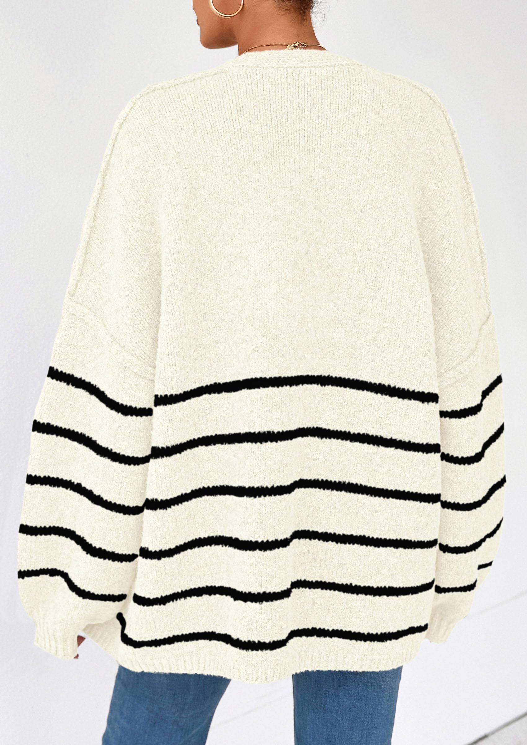 Womens Oversized Cardigan Sweaters 2026 Fall Long Lantern Sleeve Knit Open Front Lightweight Sweater (Striped White Black,Small)