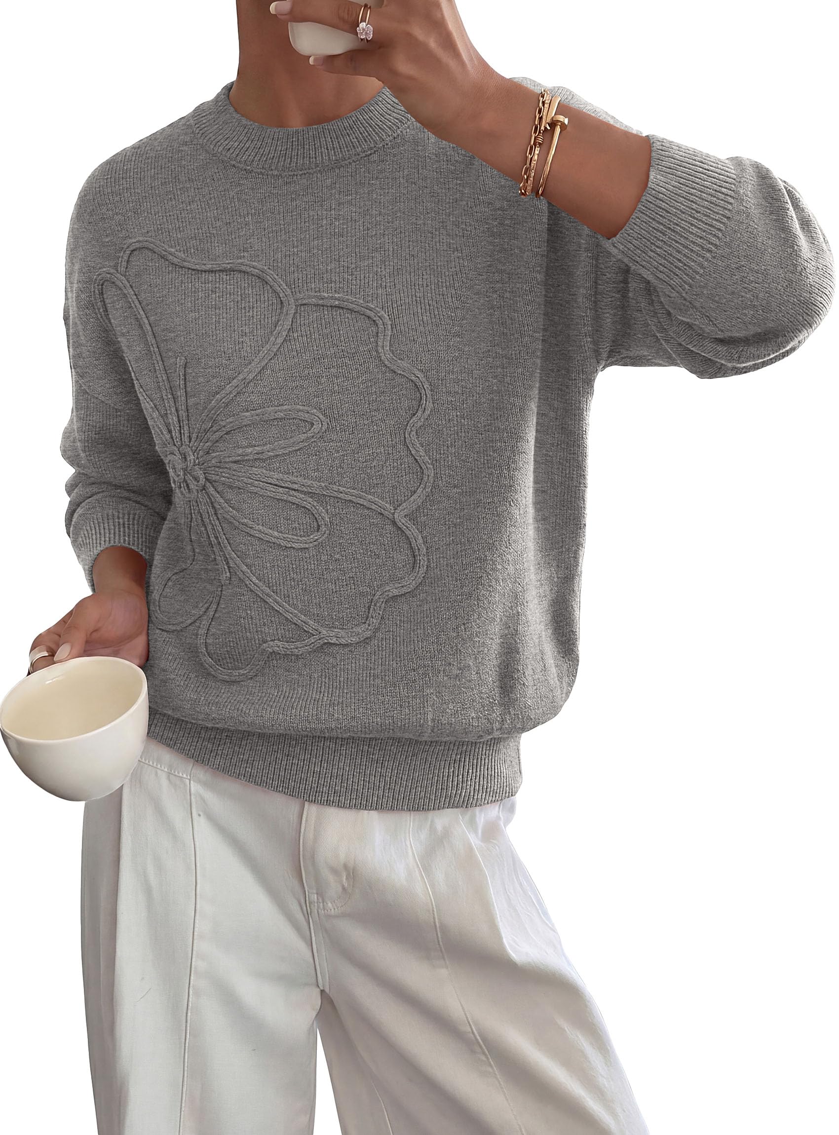 Womens Sweaters Floral Long Sleeve Knit Tops,Grey,L