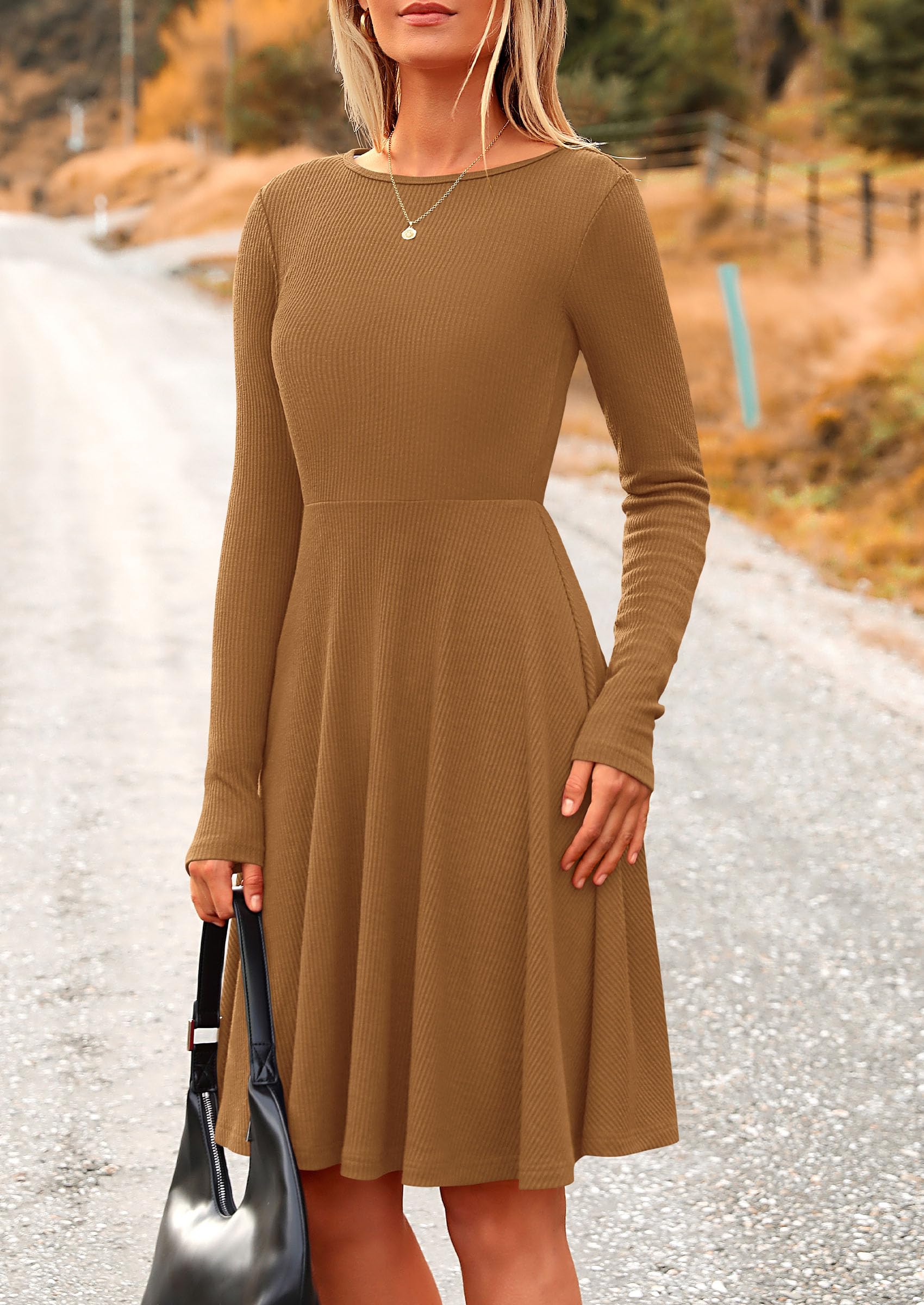 Women's Fall Casual Long Sleeve Short Dress (Dark Khaki,S)