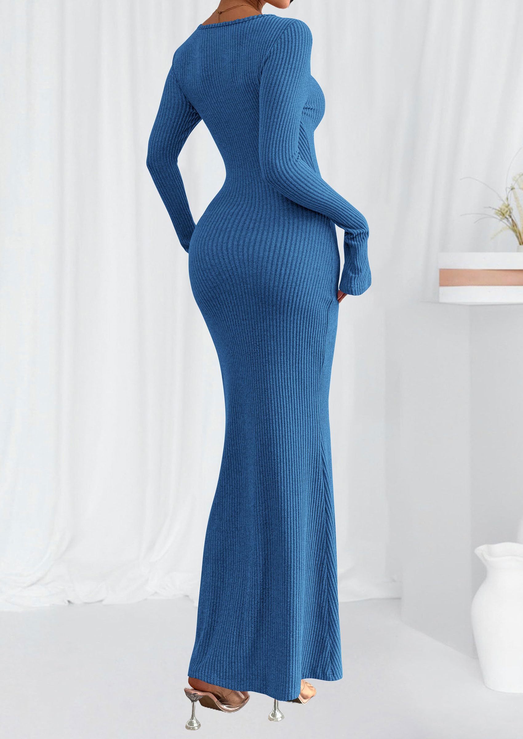 Women's Fall Long Sleeve Bodycon Maxi Dresses (Blue,XS)