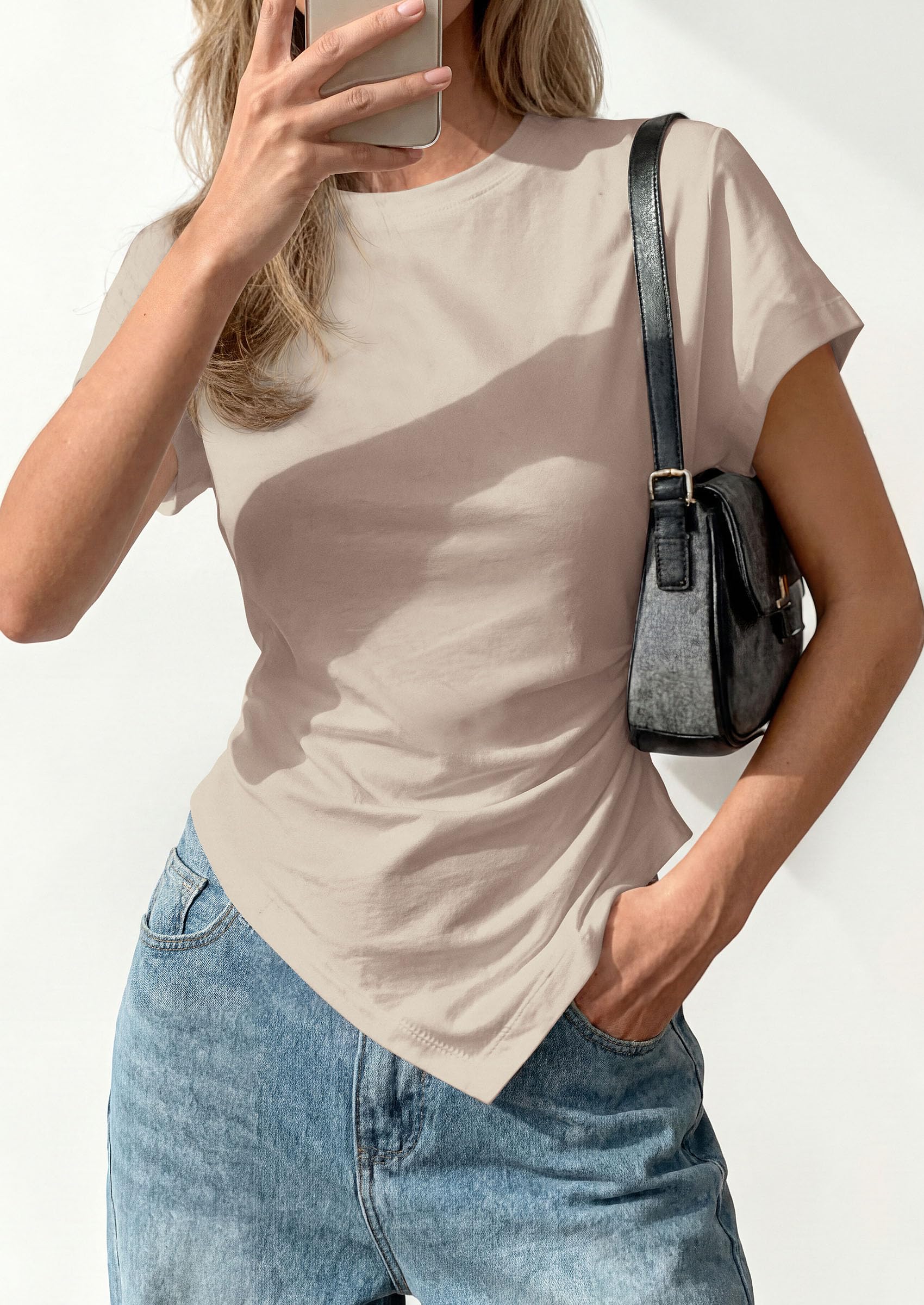 Womens Asymmetrical Summer Short Sleeve Tops,Light Khaki,XS