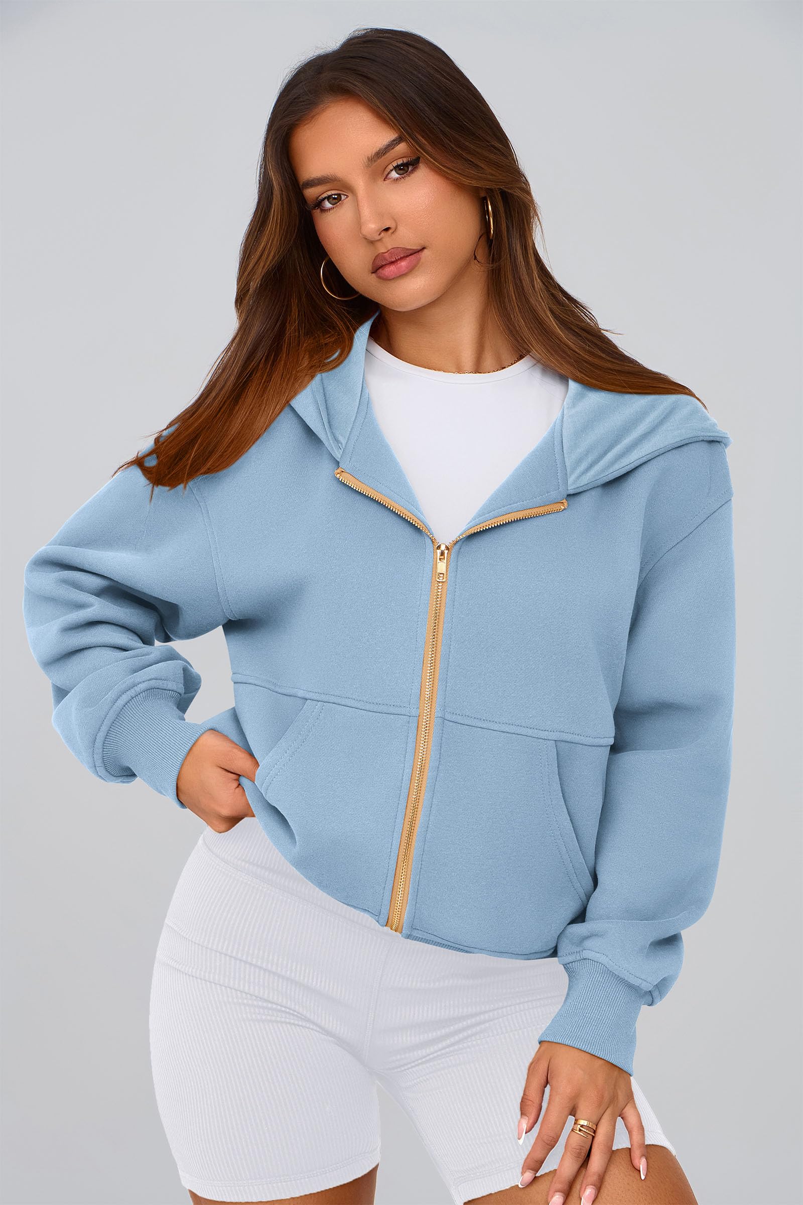 Hoodies for Women Fall Fashion Zip Up Fleece Plain Sweatshirt