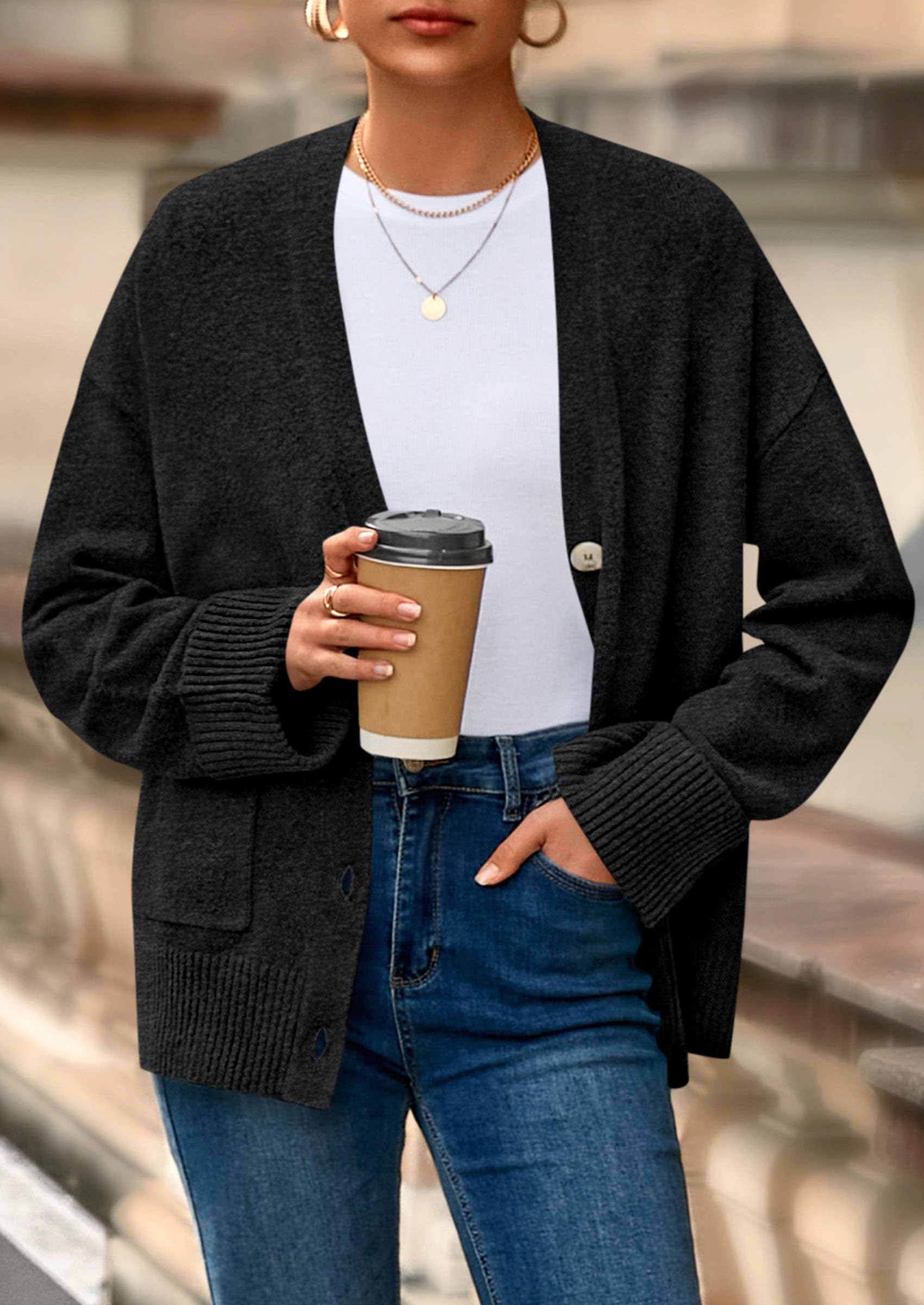 Women's Winter Oversized Cardigan Sweaters (Black,S)