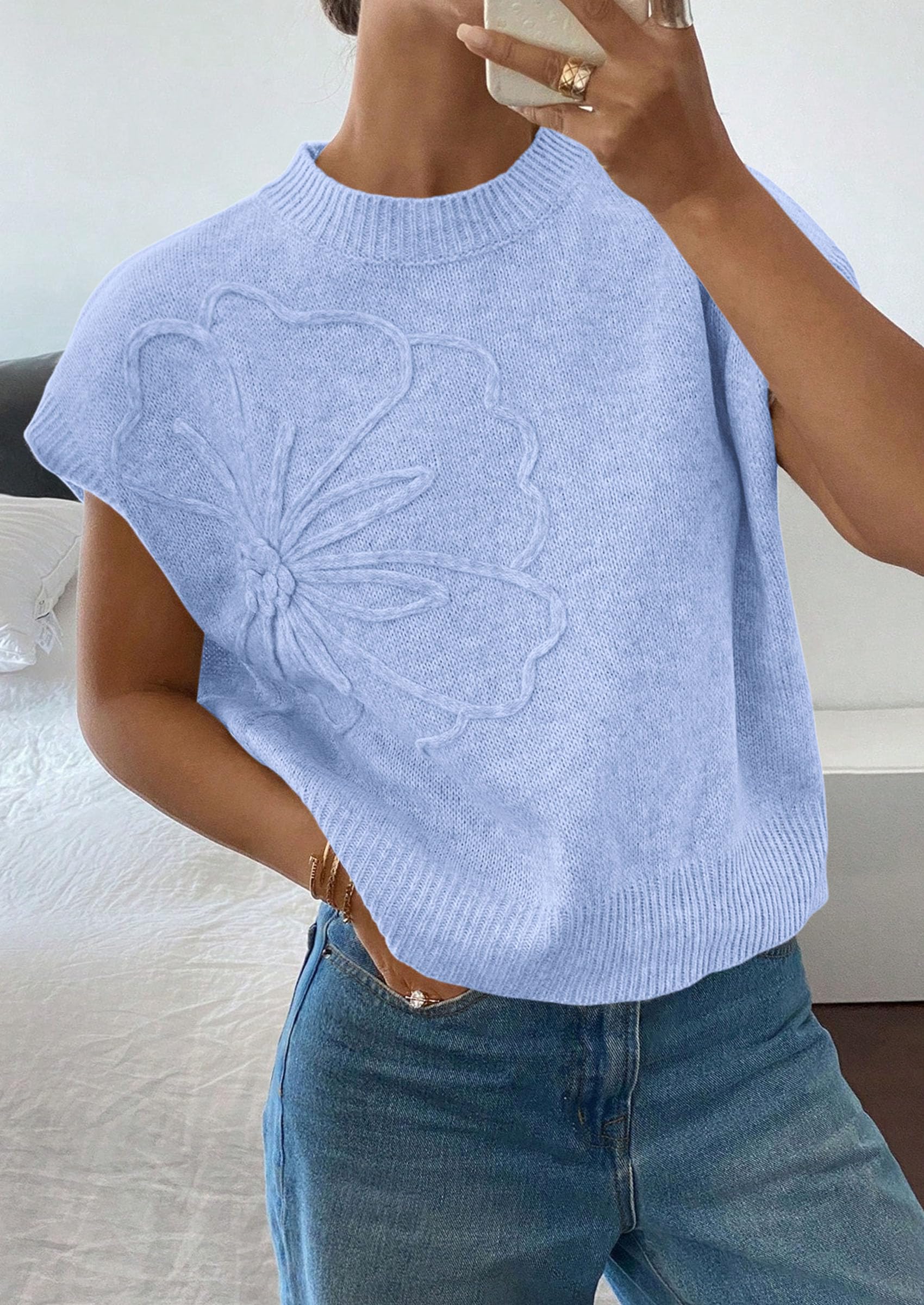 Women's Summer Short Cap Sleeve Sweater Vest (Light Blue,S)