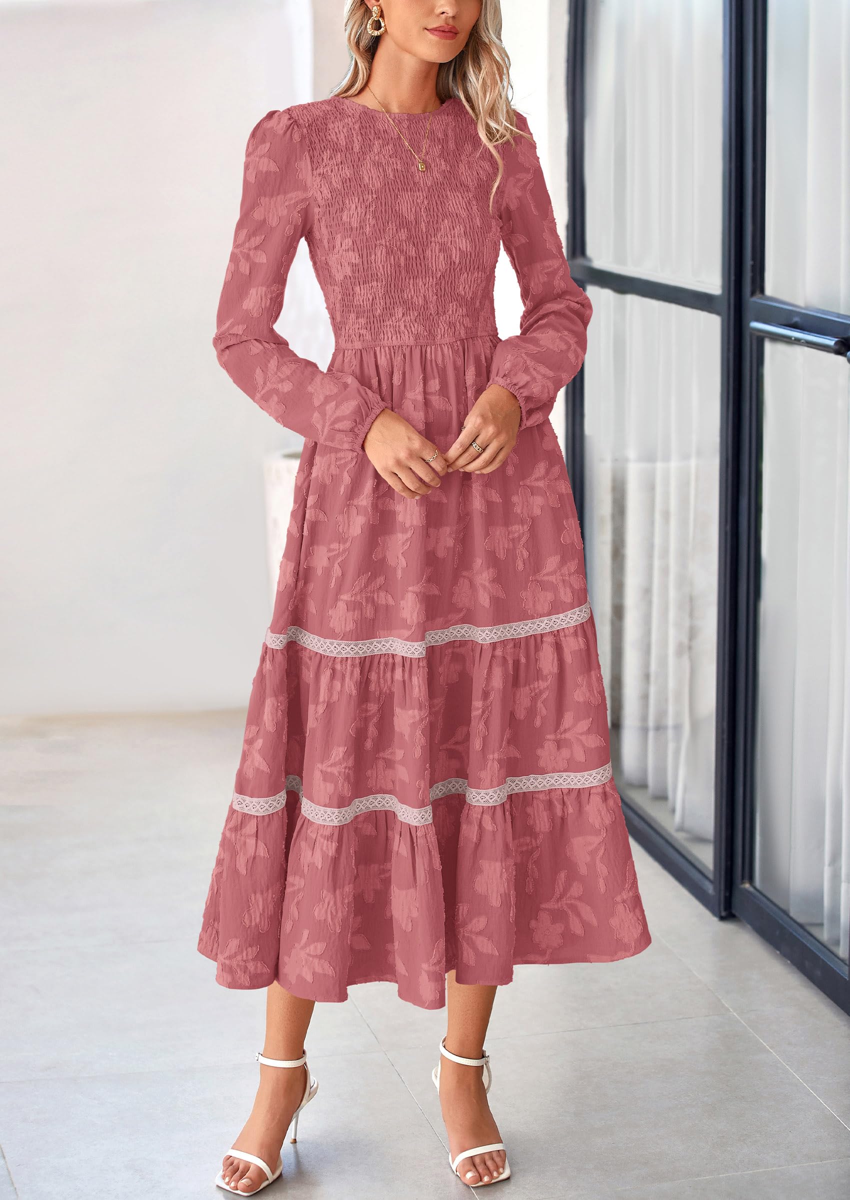 Women's Long Sleeve Boho Floral Midi Dress, Bean Paste Pink,S