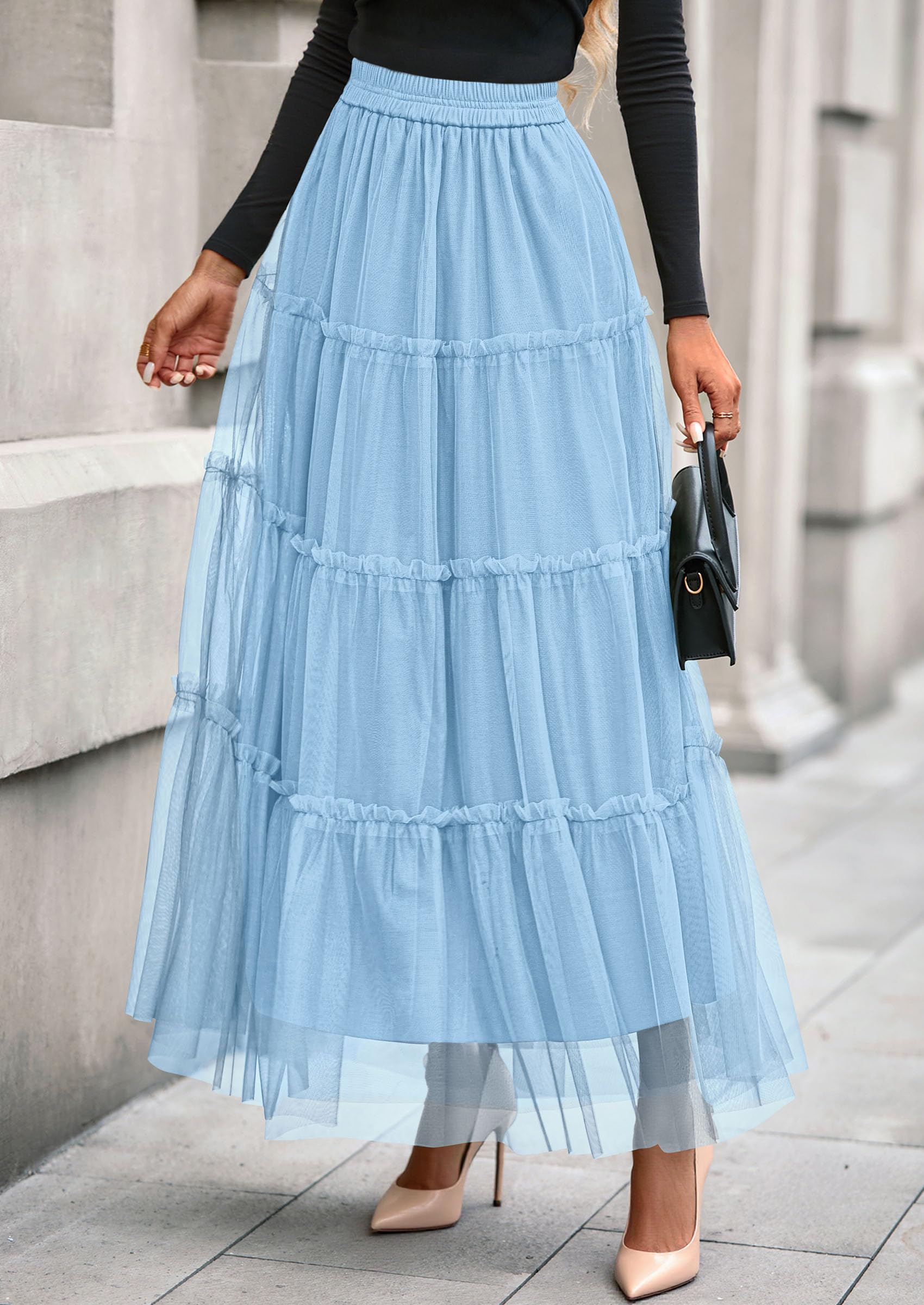 Women's Fall Soft Tulle Tiered Long Skirt,Light Blue,S