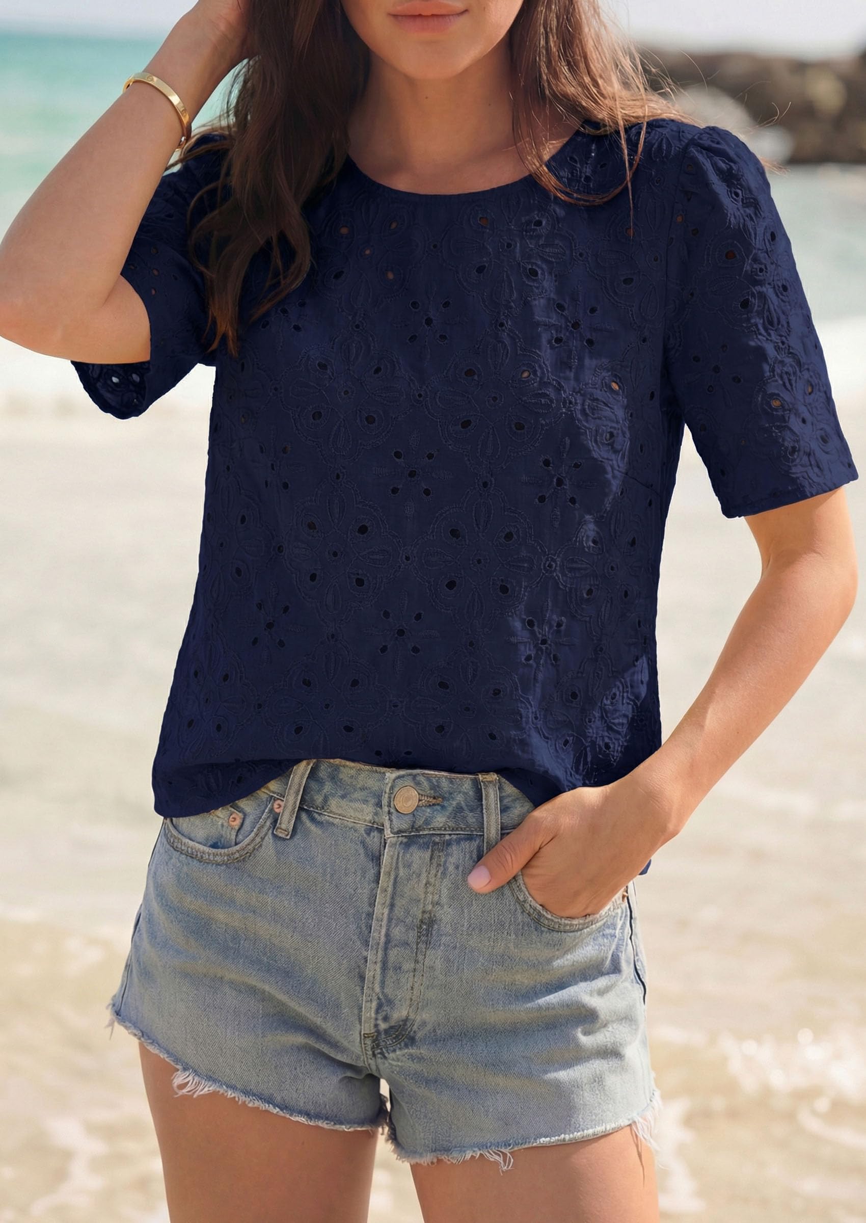 Women's Embroidered Eyelet Short Sleeve Blouse, Navy Blue,XS