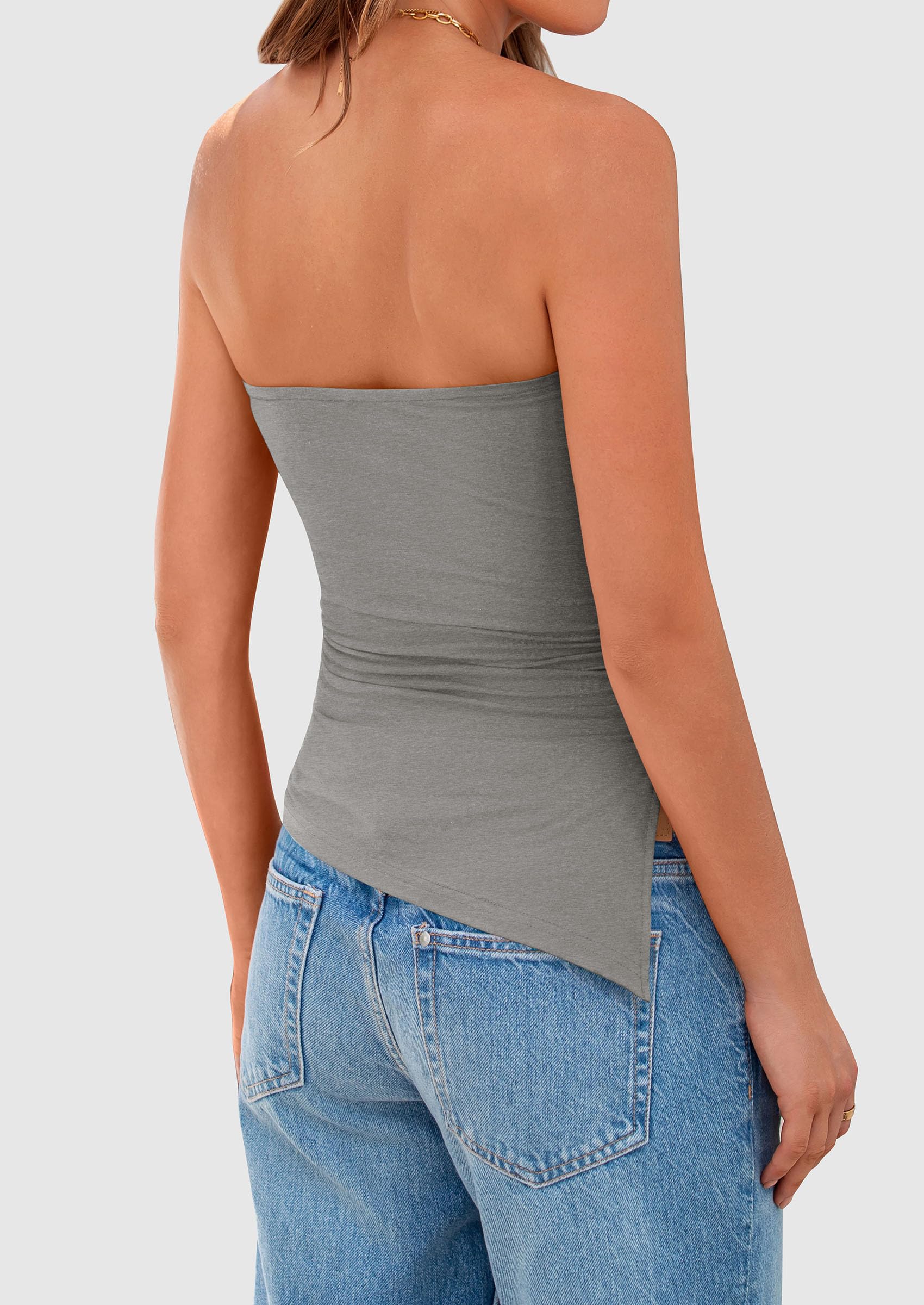 Women's Ruched Asymmetrical Strapless Tube Top, Grey,S