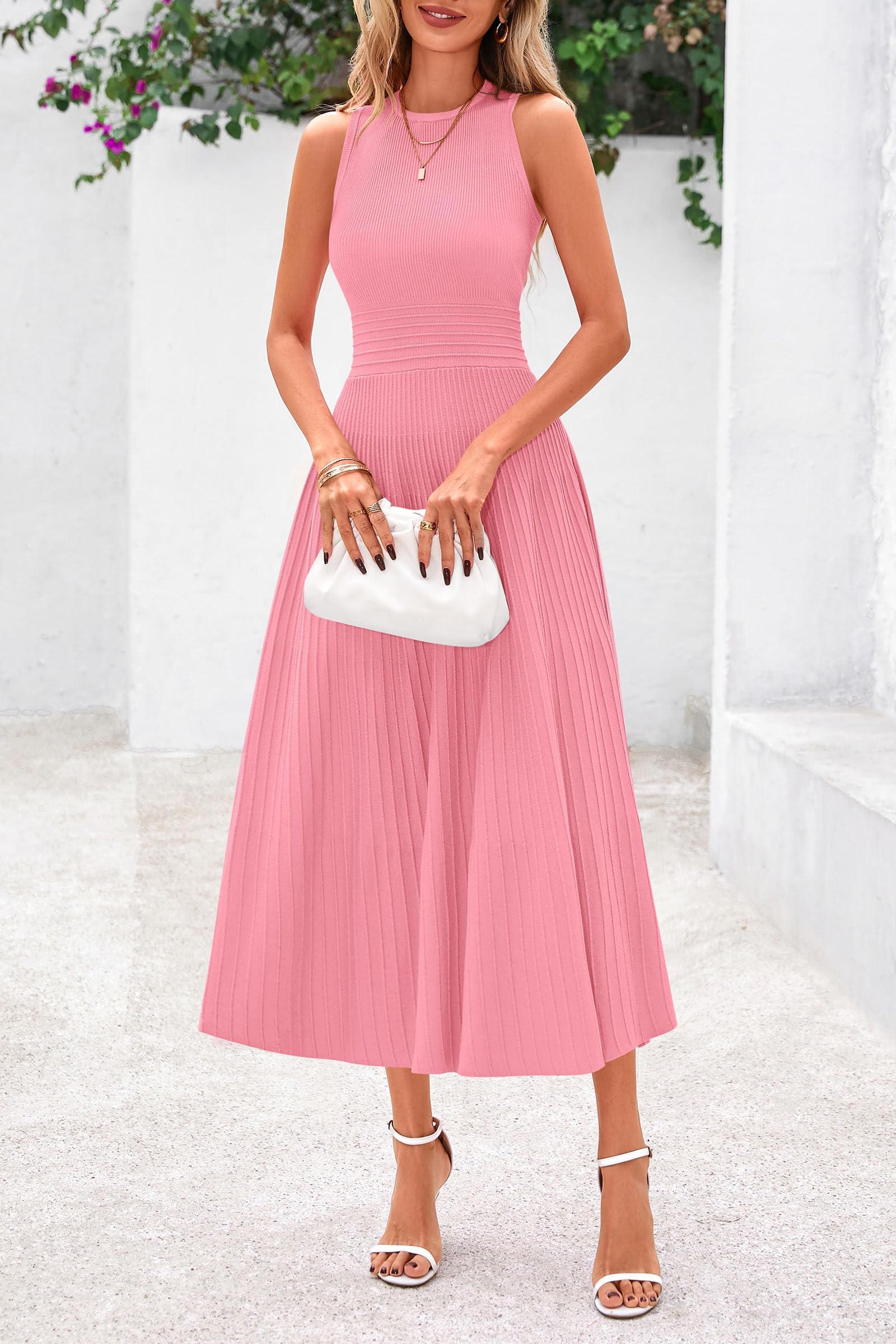 Spring Casual Dresses for Women 2025 Summer Business Work Midi Sleeveless A Line Pleated Cocktail Dress(Pink,Small)