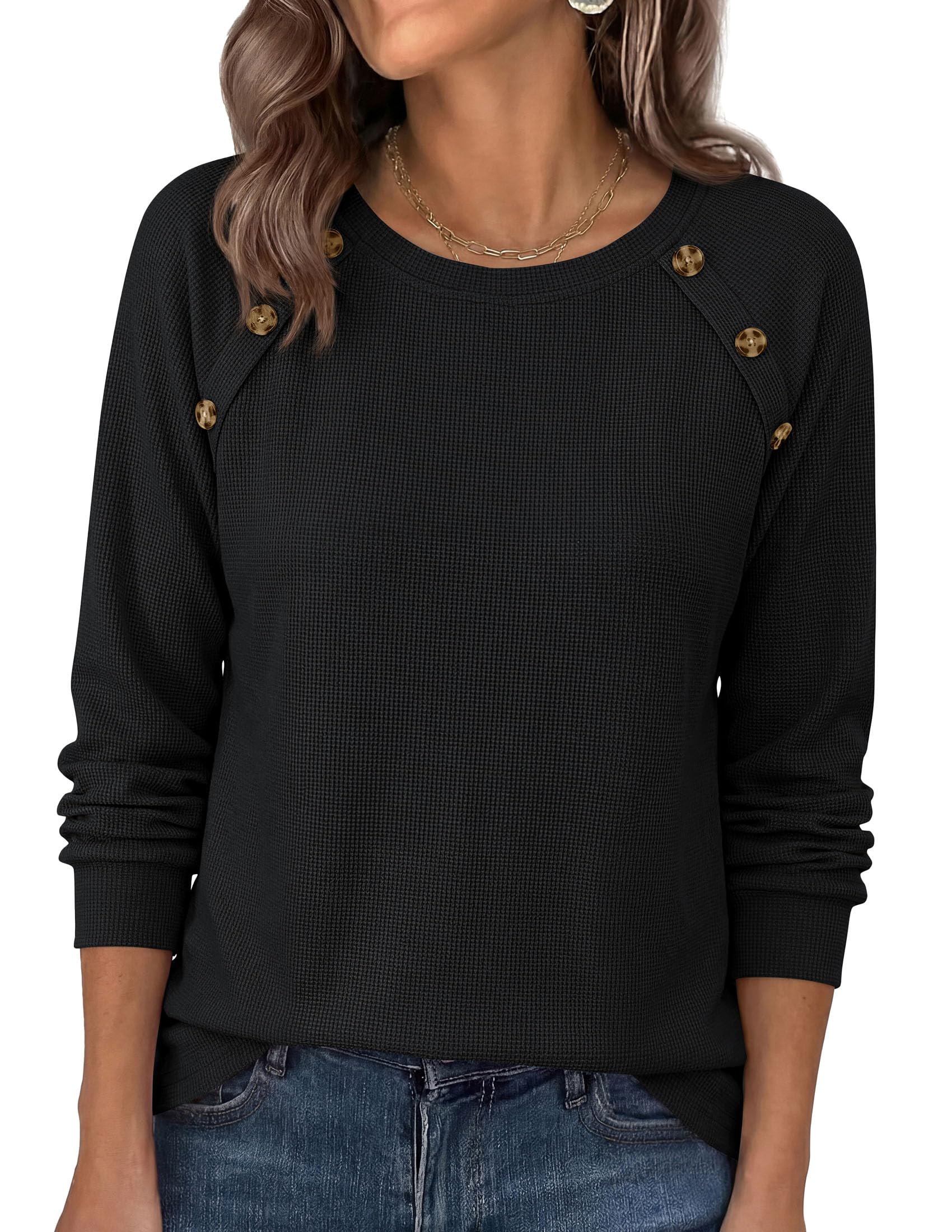 Fall Long Sleeve Waffle Knit Shirts for Women Loose Tunic Tops