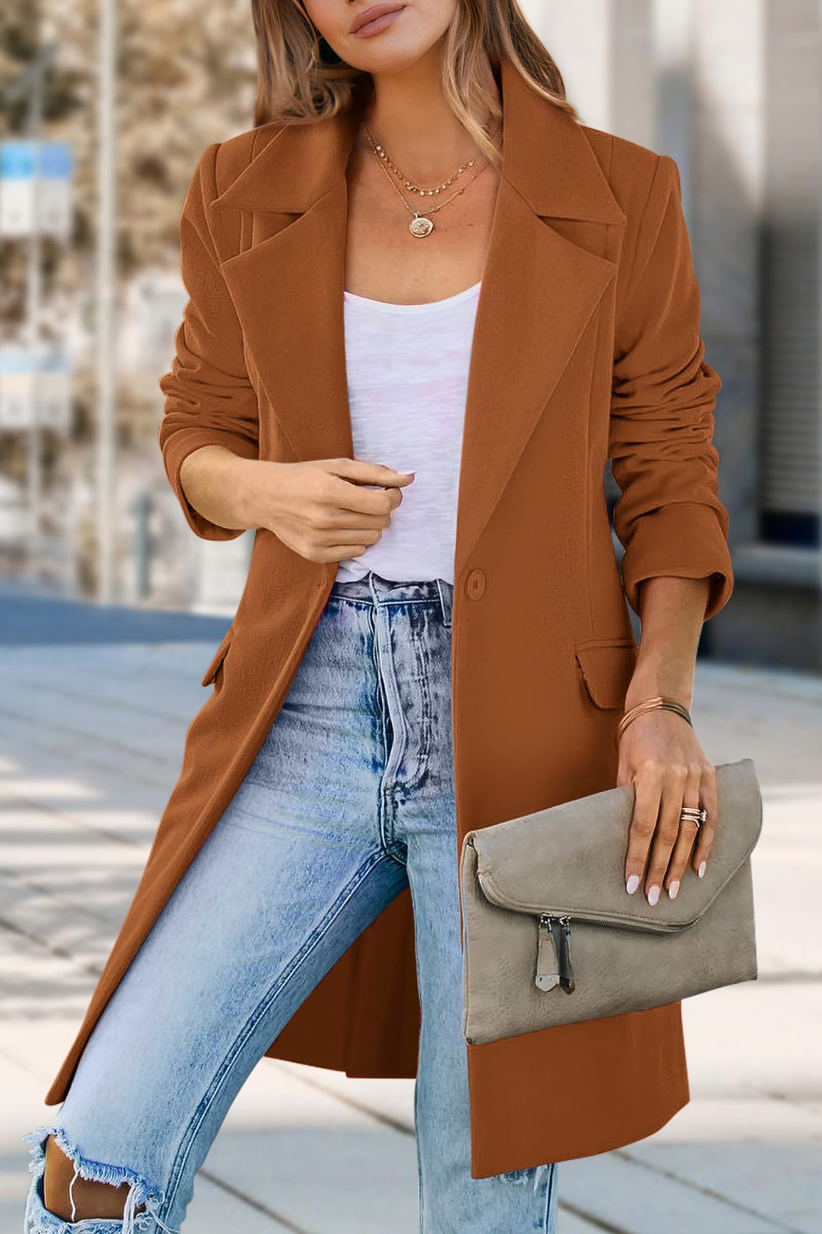 Women's Business Casual Long Blazer Jackets(Brown,S)