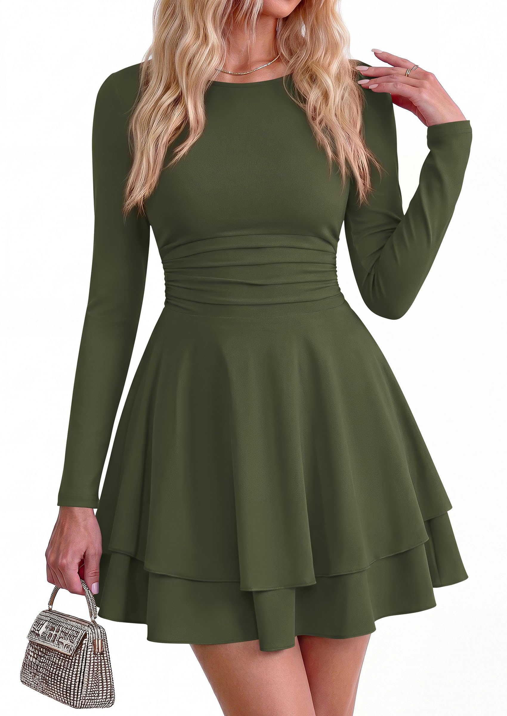 Womens Fit and Flare Crewneck Long Sleeve Mini Dress