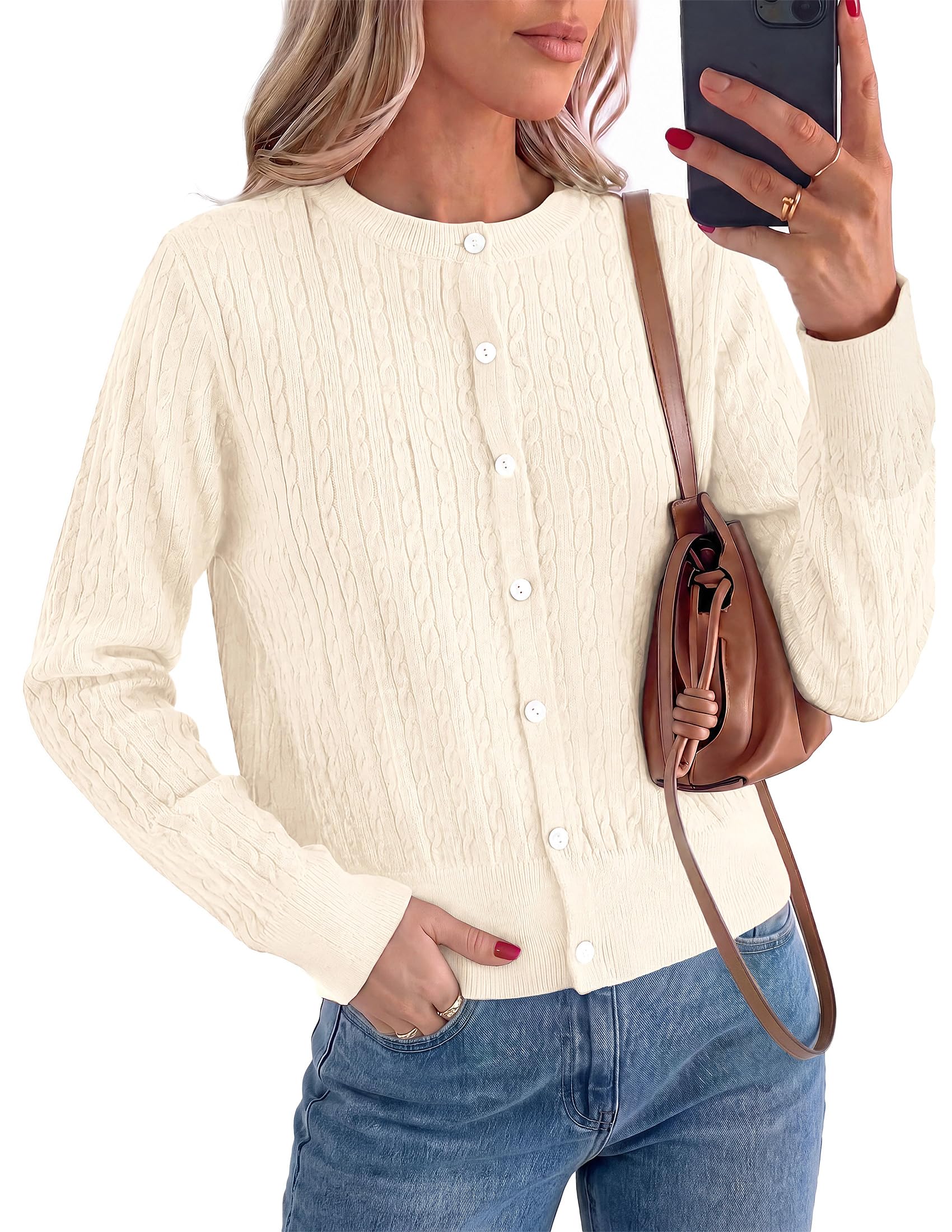 Women Fall Lightweight Cardigans Button Up Cable Knit Sweaters