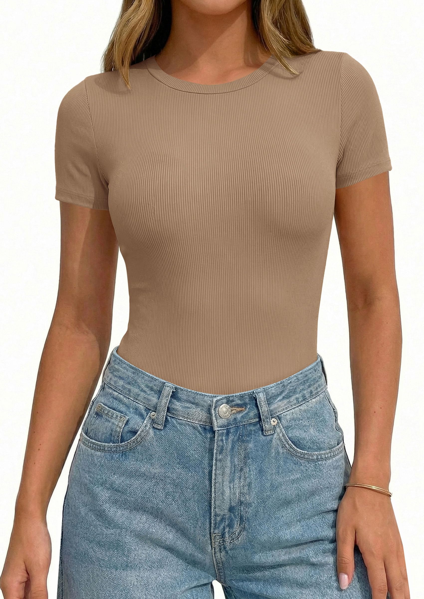 Body Suits for Womens Short Sleeve Summer Tops, Khaki,XS