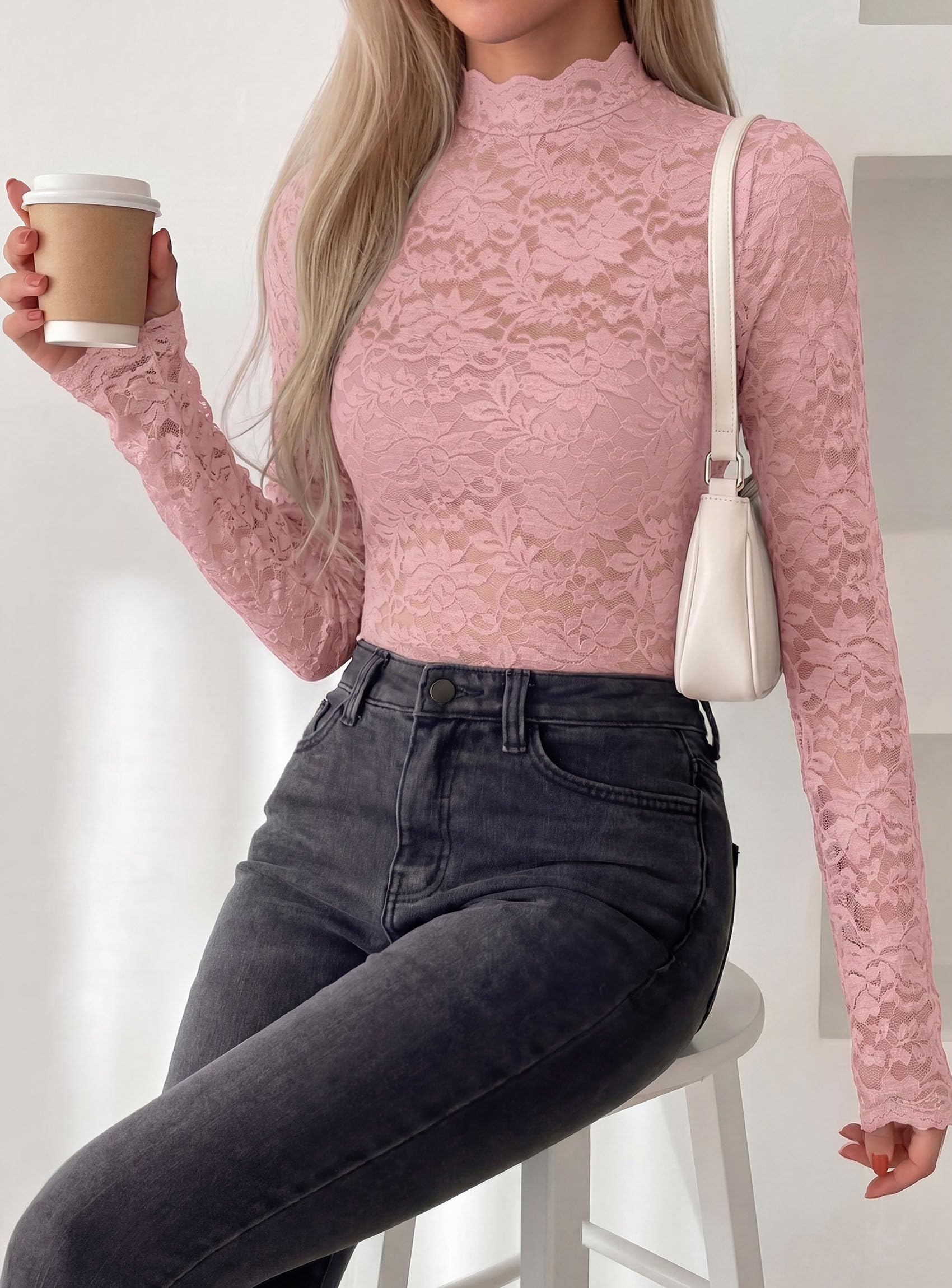 Womens Lace Long Sleeve Tops Sheer Mesh Blouse Pink,S
