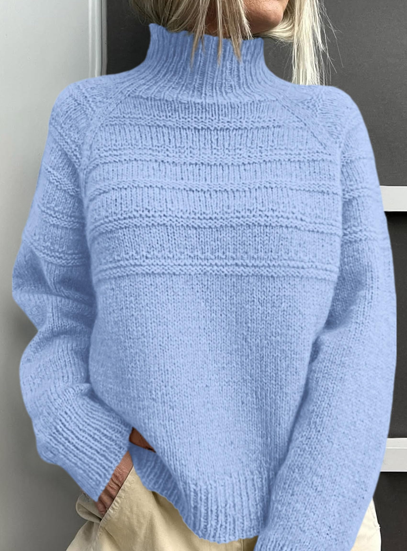 Women's Chunky Knit Mock Neck Pullover Sweaters,Light Blue,S