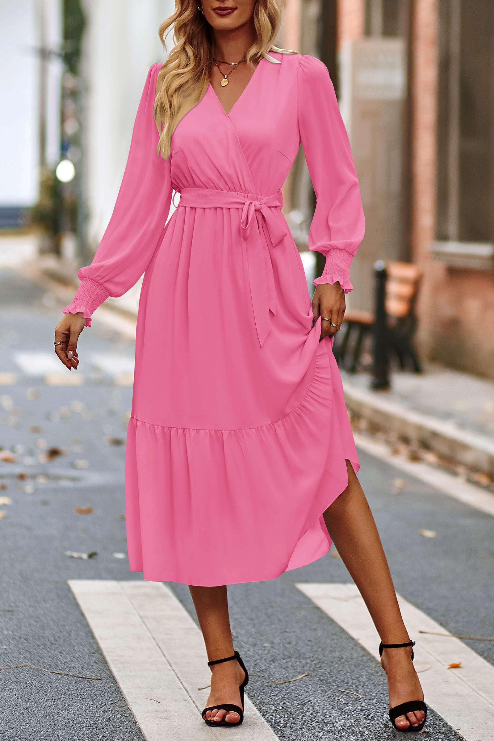 Women's Boho Long Sleeve Maxi Dress, Solid Rose Pink,S