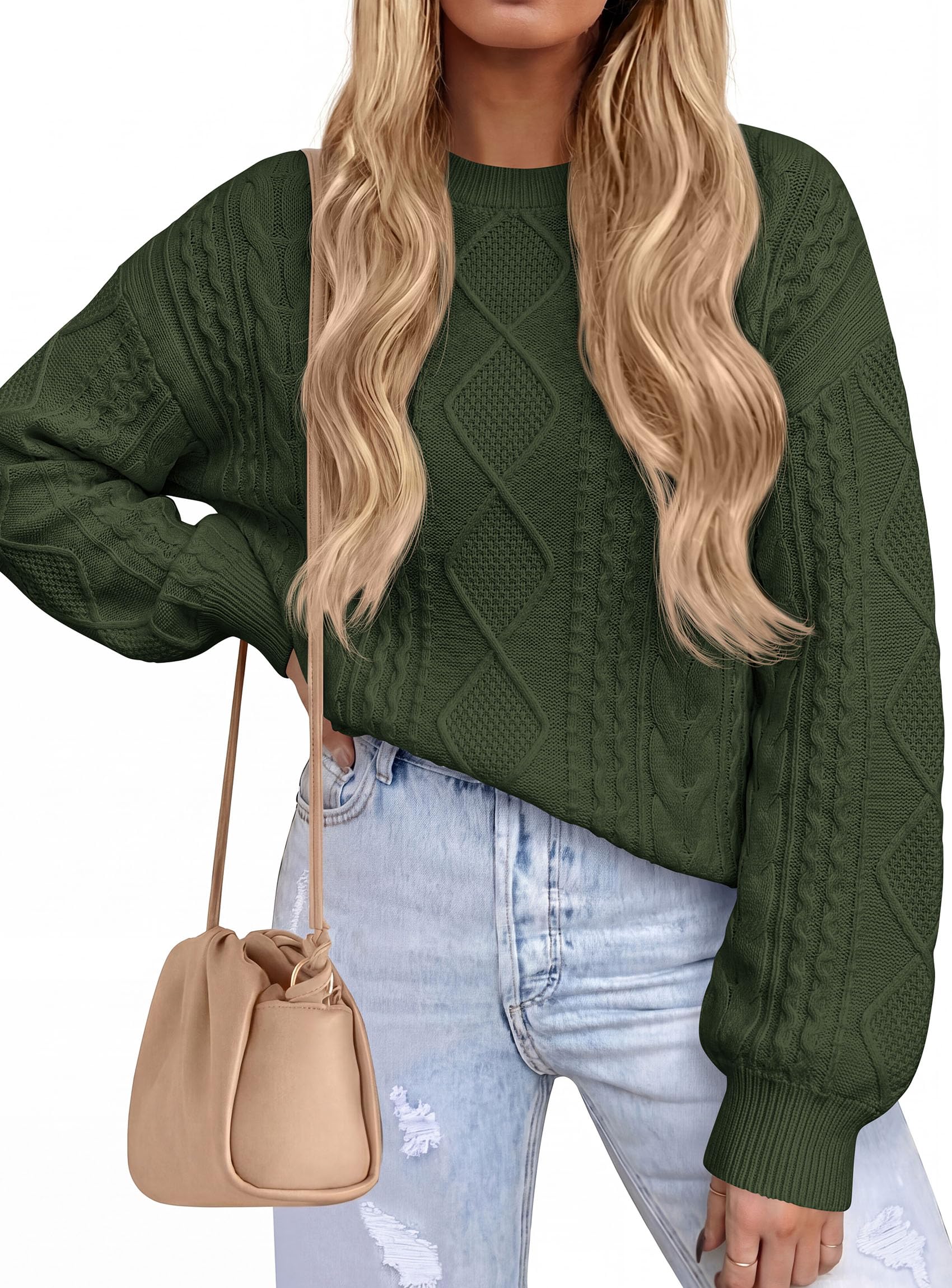 Women's Crewneck Cable Knit Sweater Pullover Tops Army Green