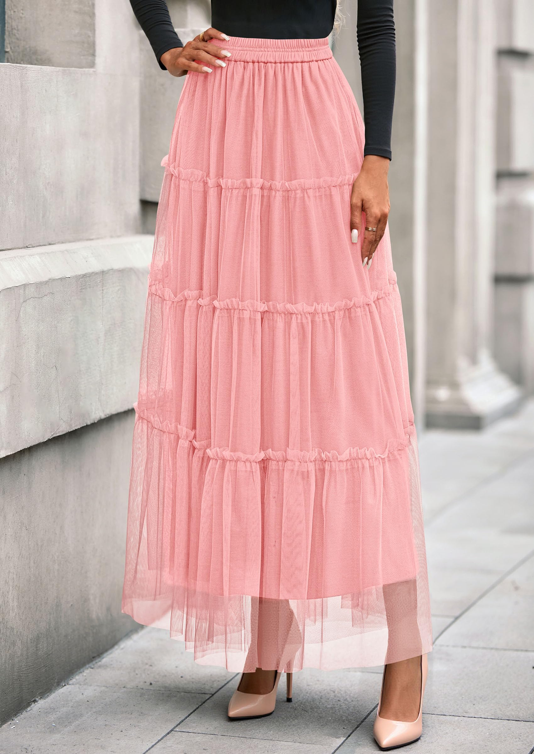 Women's Fall Soft Tulle Tiered Long Skirt,Light Pink,S